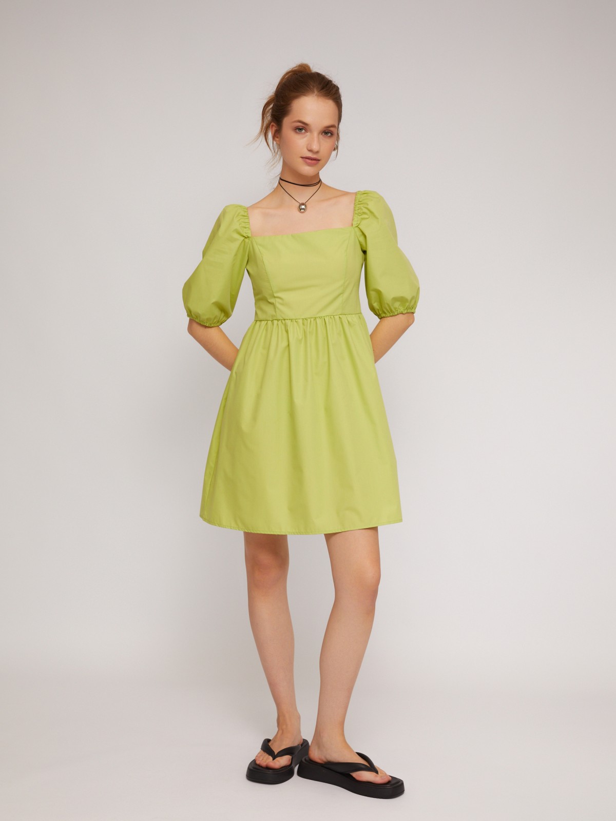 Платье мини с вырезом и рукавами-фонариками zolla N24248262141, цвет лайм, размер XS - фото 2