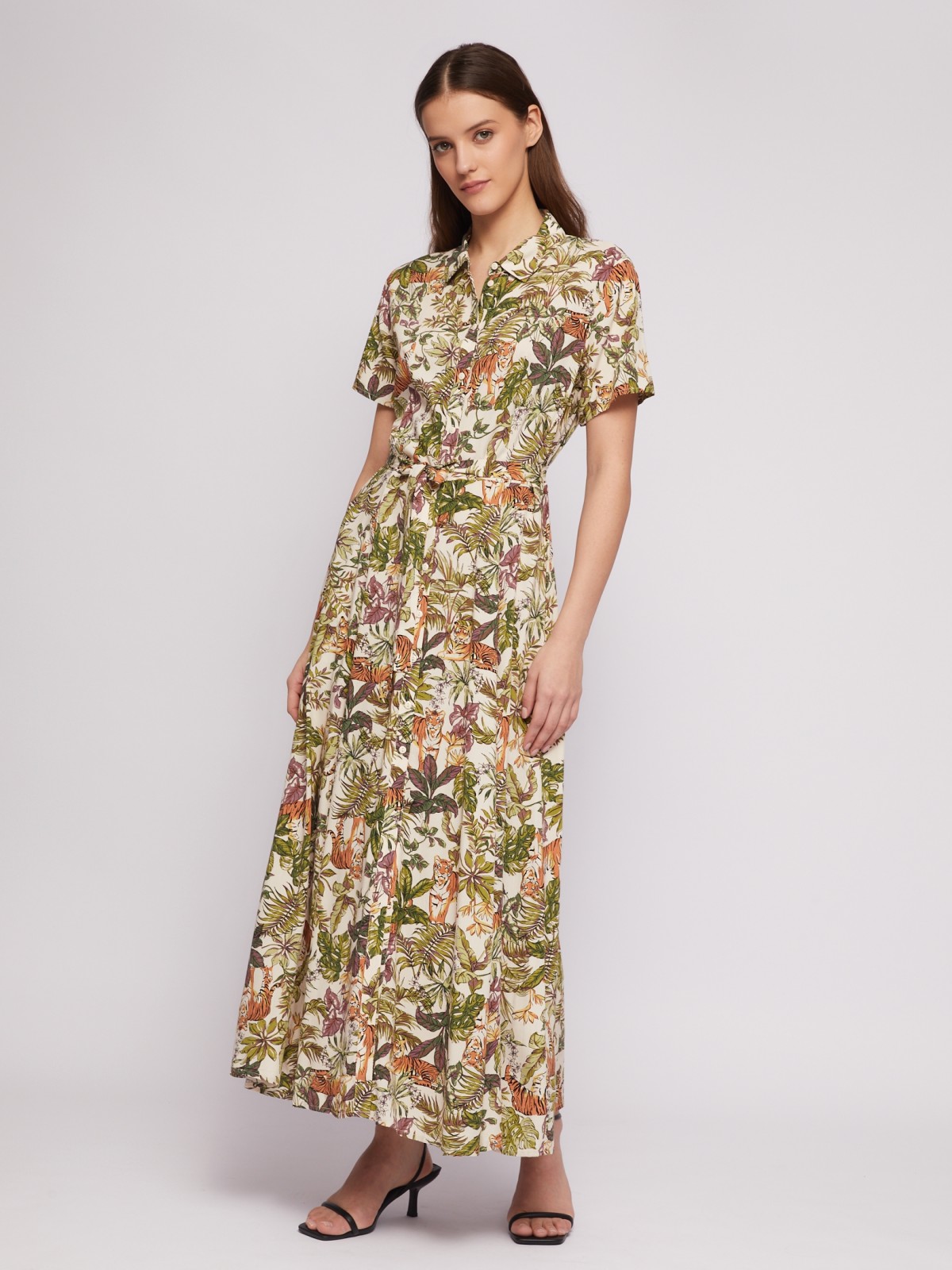 Платье-рубашка из вискозы с принтом и с поясом zolla 02421827Y453, цвет бежевый, размер M