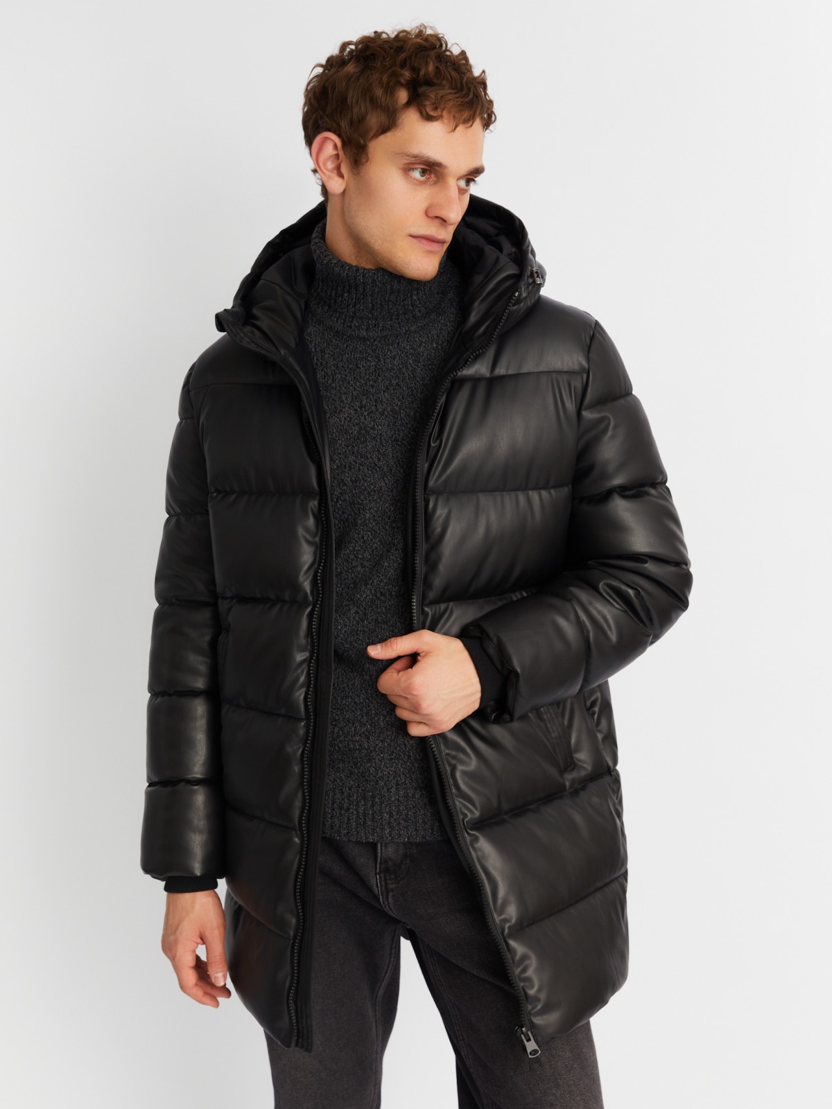 Длинная тёплая куртка из экокожи с капюшоном