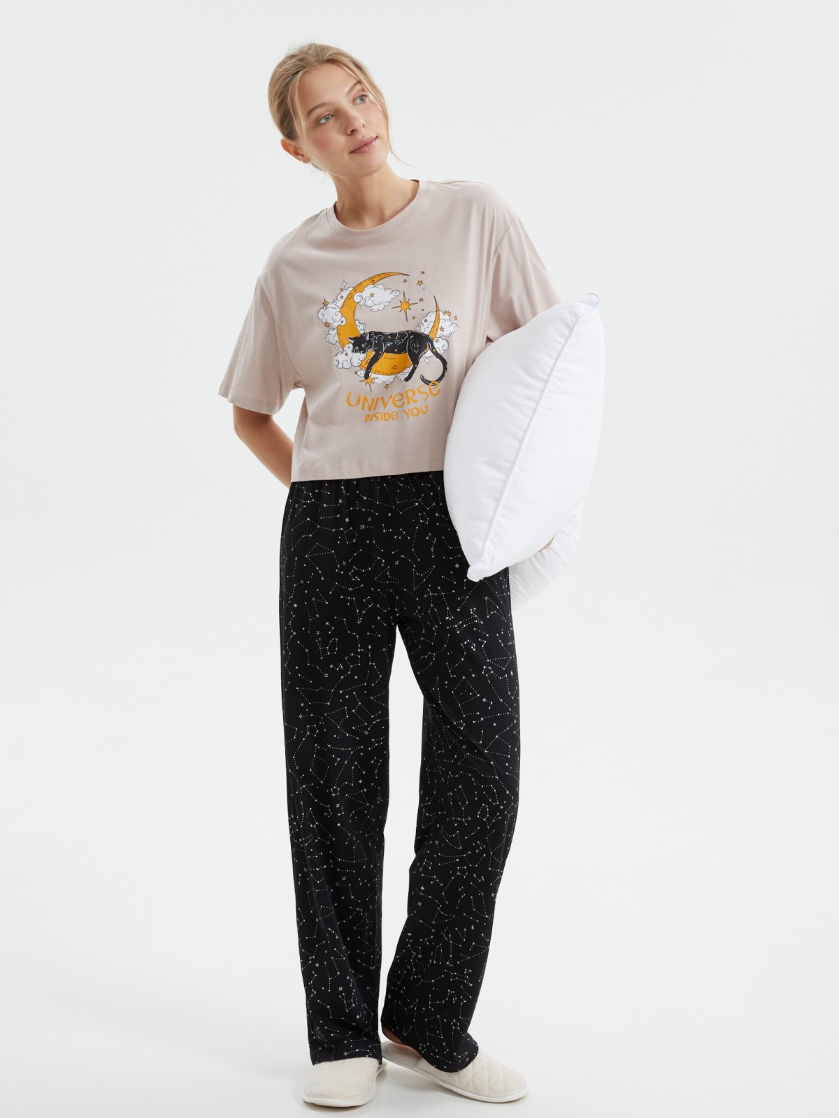 Прямые брюки на резинке из хлопка с принтом