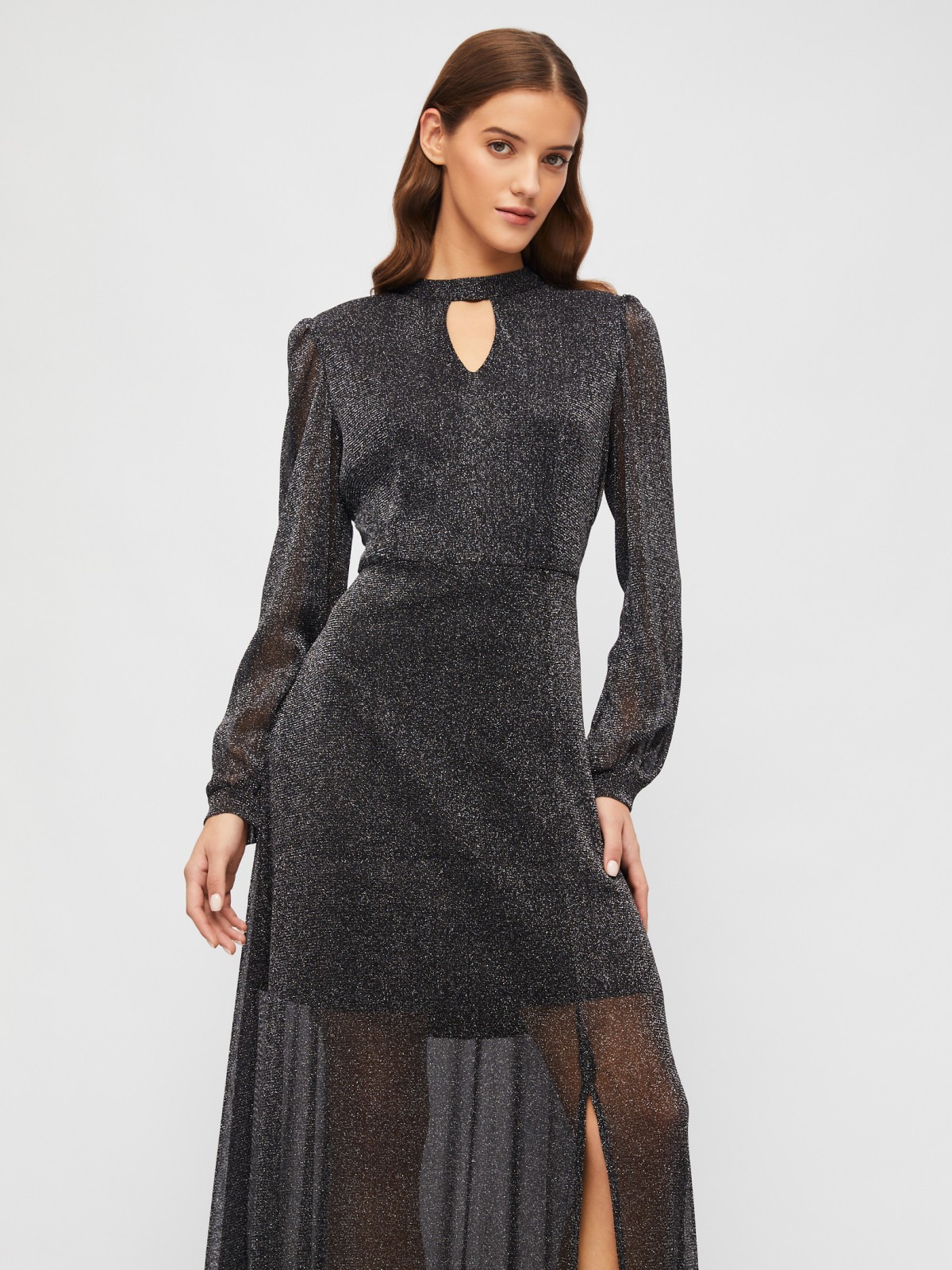 Полупрозрачное платье макси с разрезом на подоле и люрексом zolla 023458159233, цвет черный, размер S - фото 2