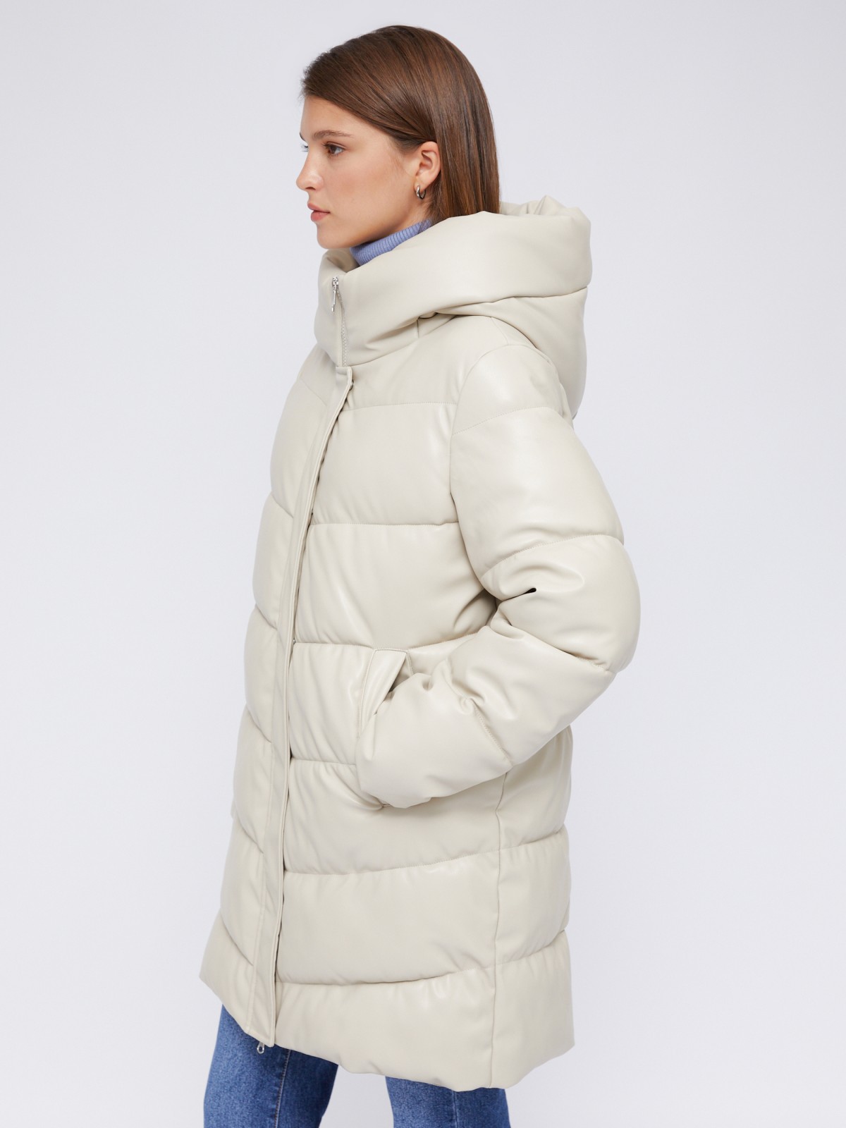 Тёплая стёганая куртка-пальто из экокожи с капюшоном