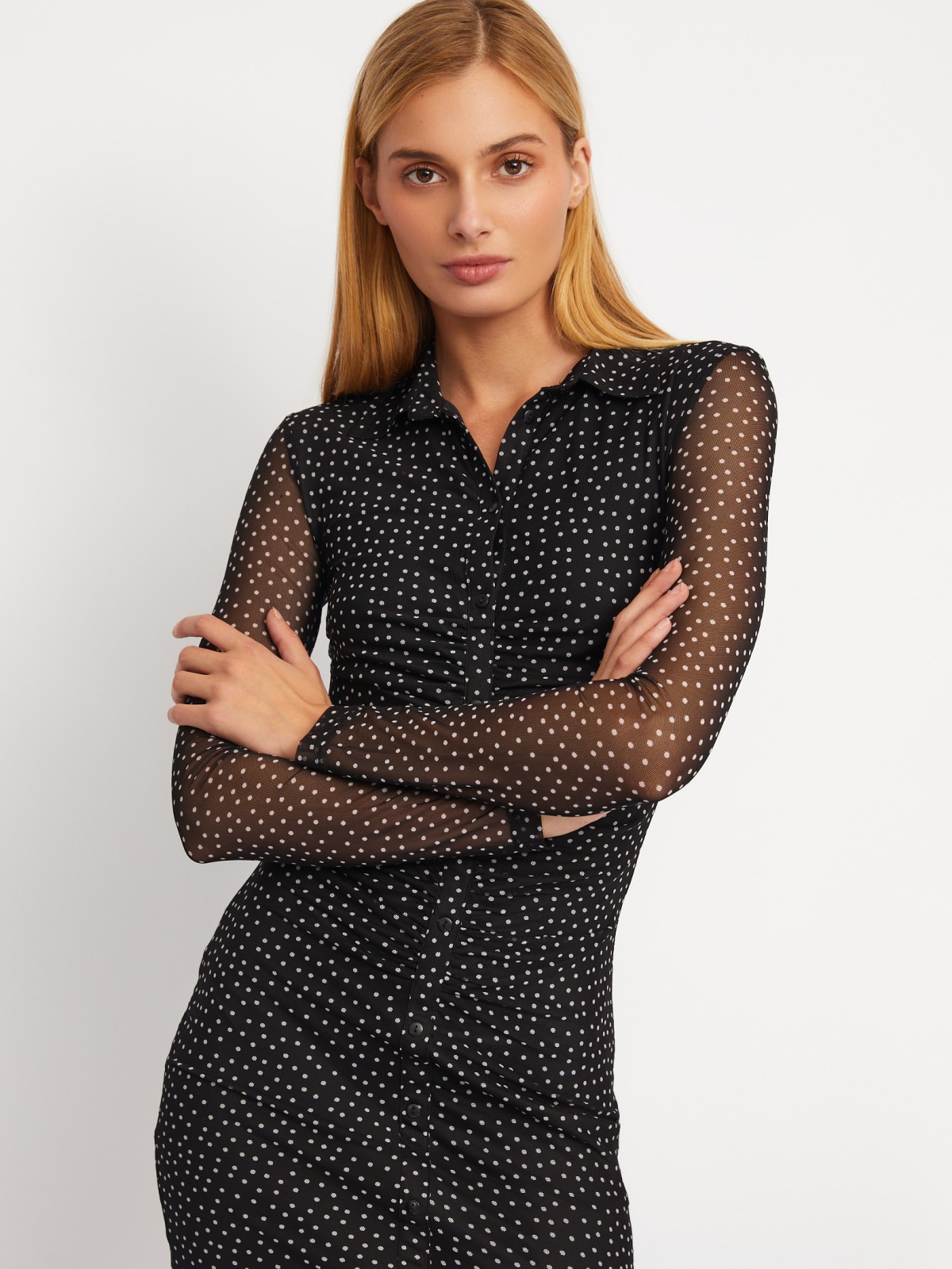 Платье-рубашка длины мини из сетки в горошек с драпировкой zolla 024118159041, цвет черный, размер XS - фото 3