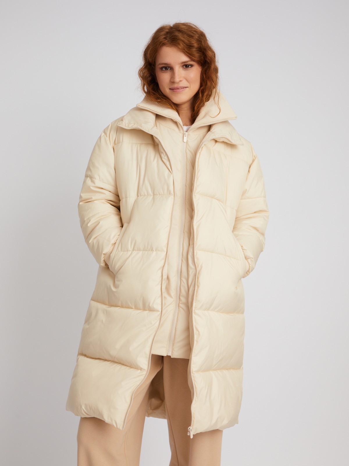 Длинная тёплая куртка-пальто с высоким двойным воротником и вшитой манишкой на молнии