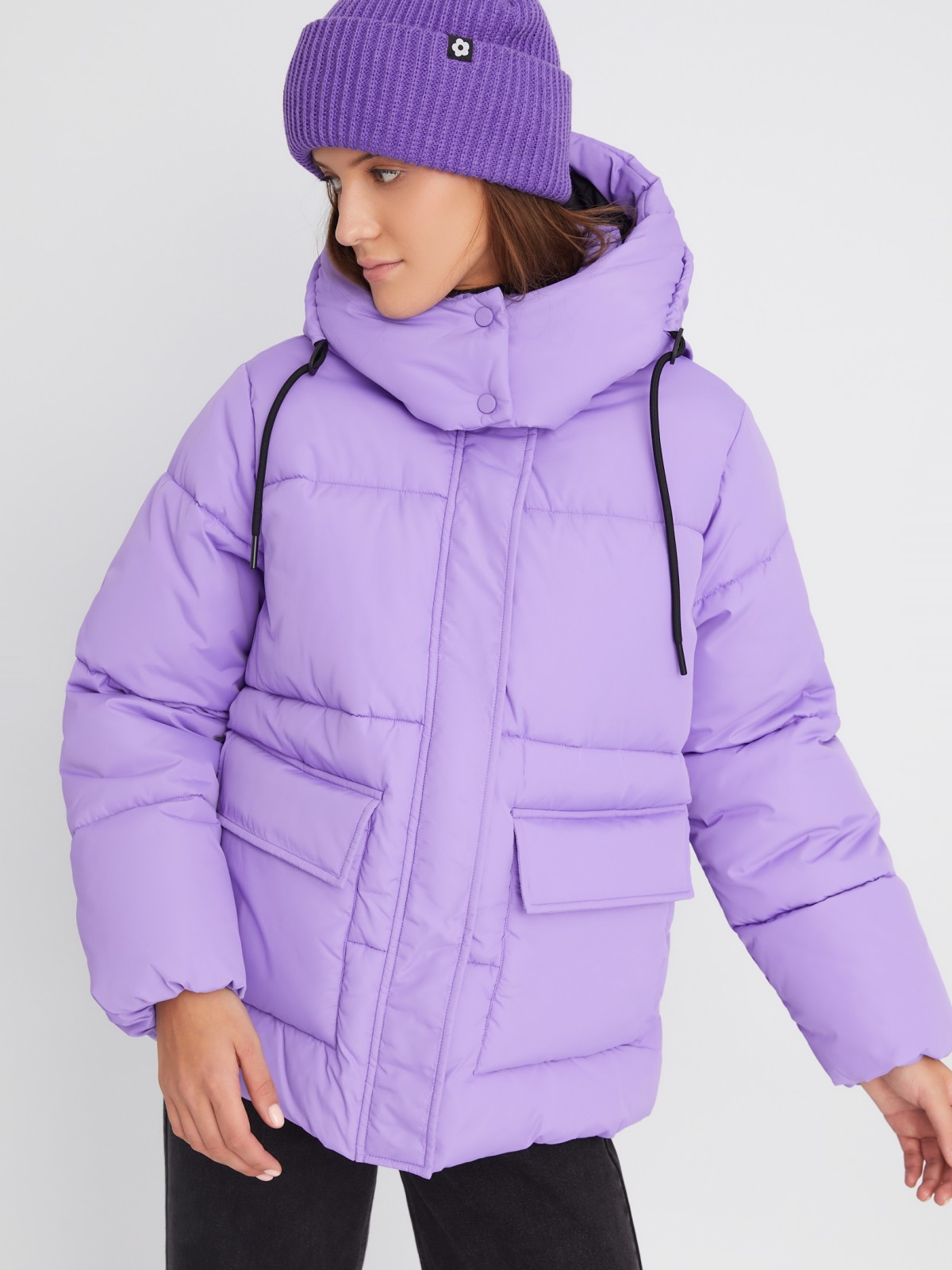 Тёплая дутая стёганая куртка с капюшоном и двойным воротником zolla 023345112104, цвет фиолетовый, размер XS - фото 3