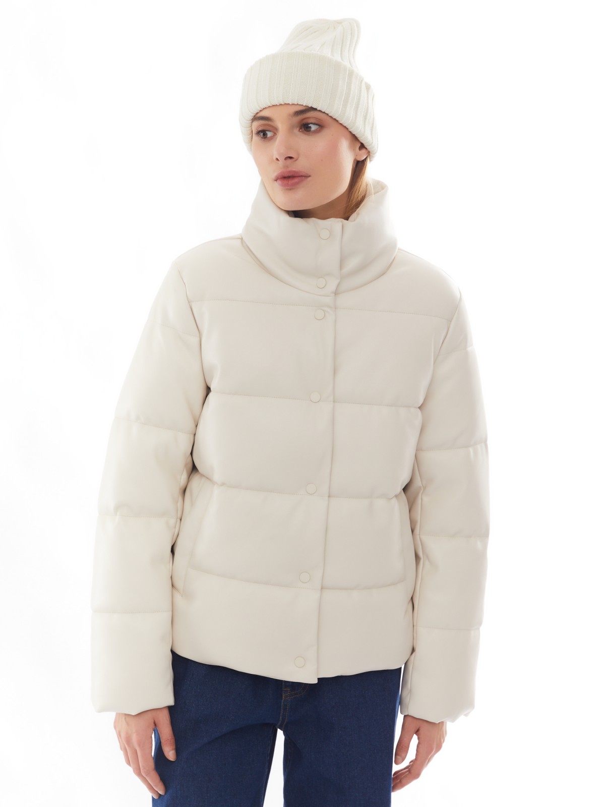 Тёплая стёганая дутая куртка из экокожи с высоким воротником zolla 02412516F044, цвет молоко, размер XS - фото 4