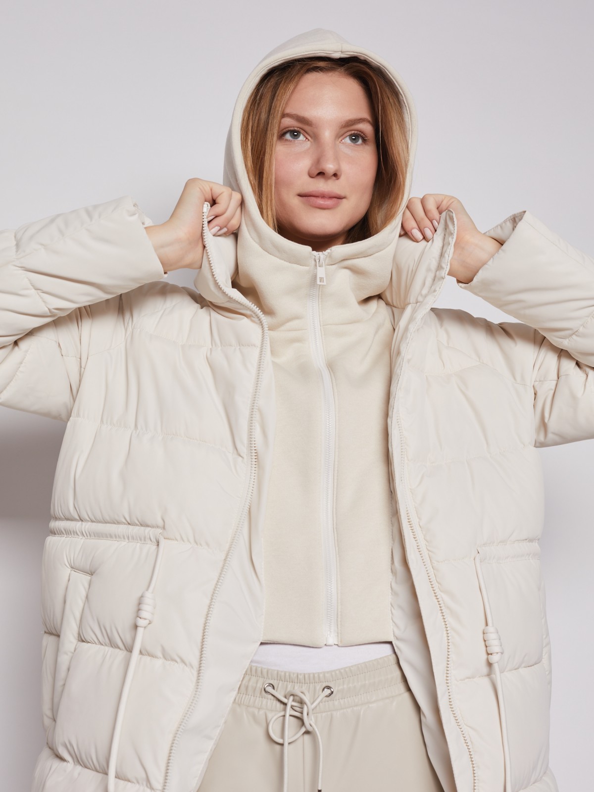 Утеплённое пальто Oversize с капюшоном и манишкой zolla 02212522J044, цвет молоко, размер XS - фото 3
