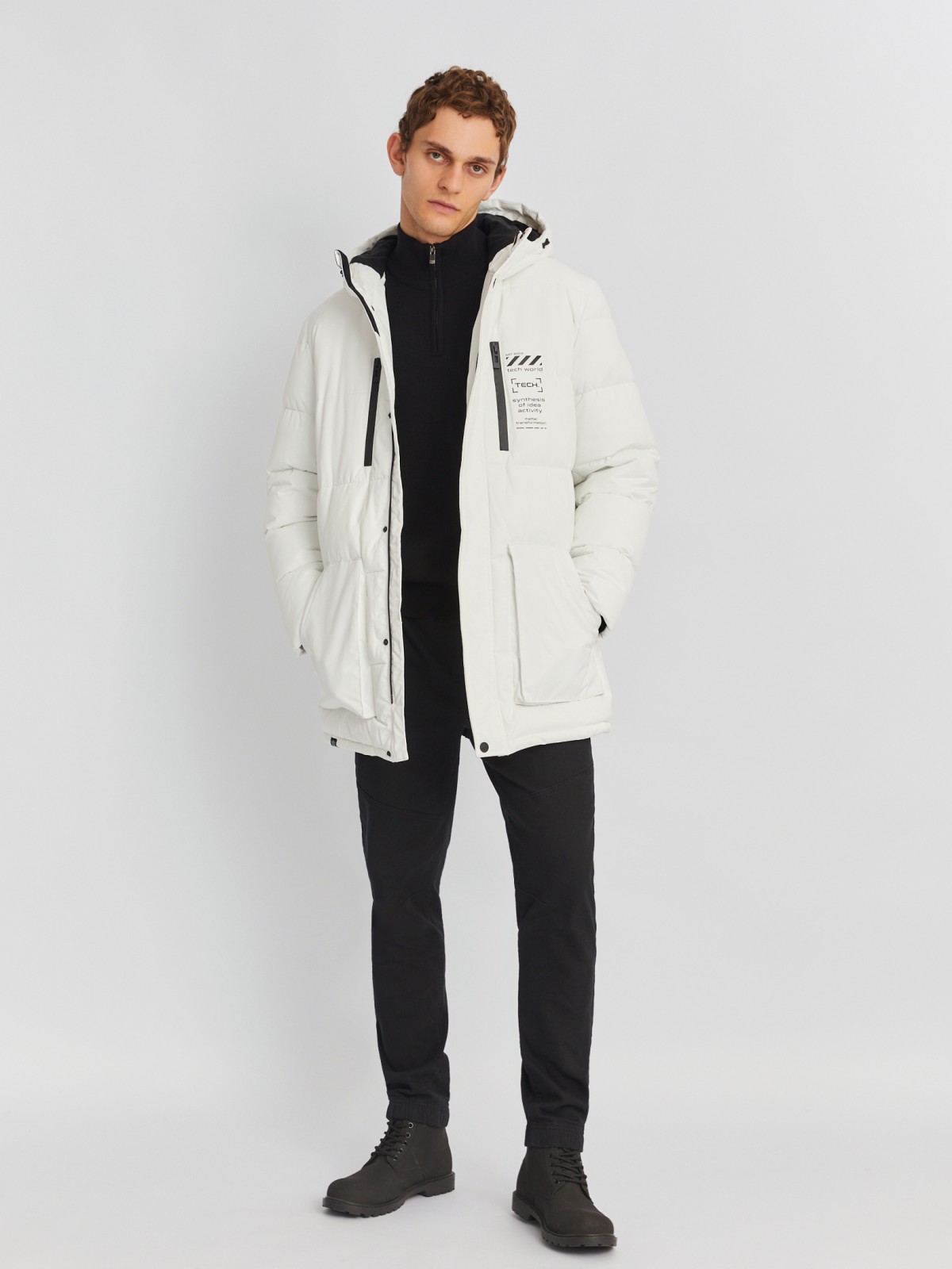 Тёплая удлинённая куртка с капюшоном и внутренними манжетами zolla 013425202074, цвет белый, размер S - фото 2