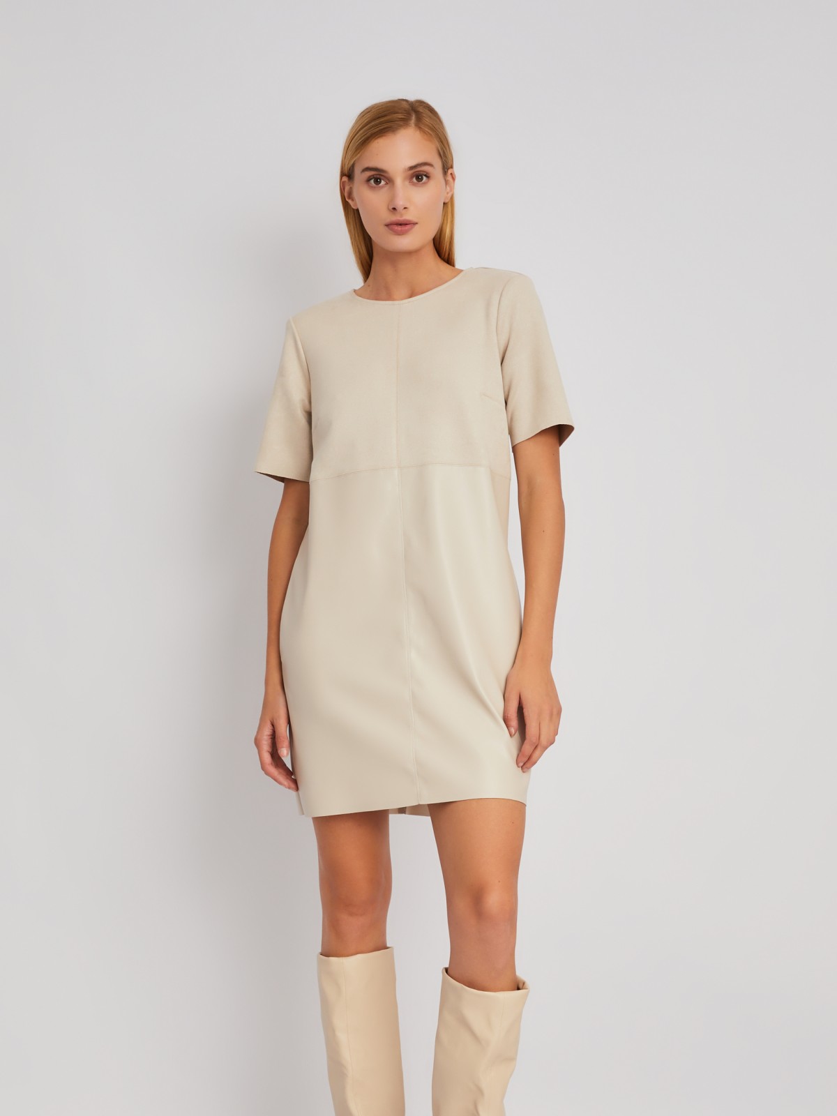 Комбинированное платье-футболка из экокожи и экозамши zolla 024118259163, цвет молоко, размер S