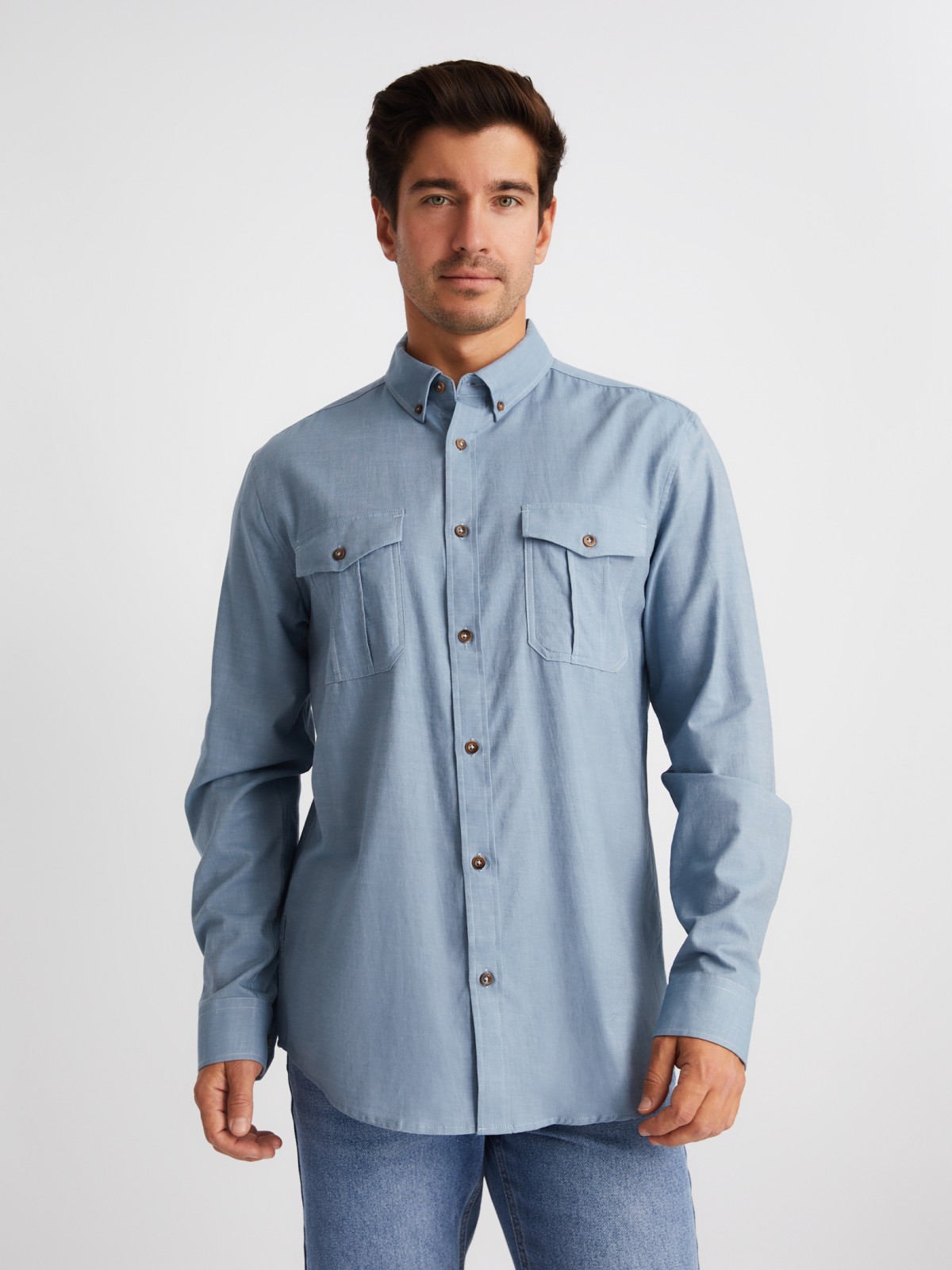 Рубашка из хлопка с длинным рукавом и карманами zolla 01413214R033, цвет светло-голубой, размер M - фото 3
