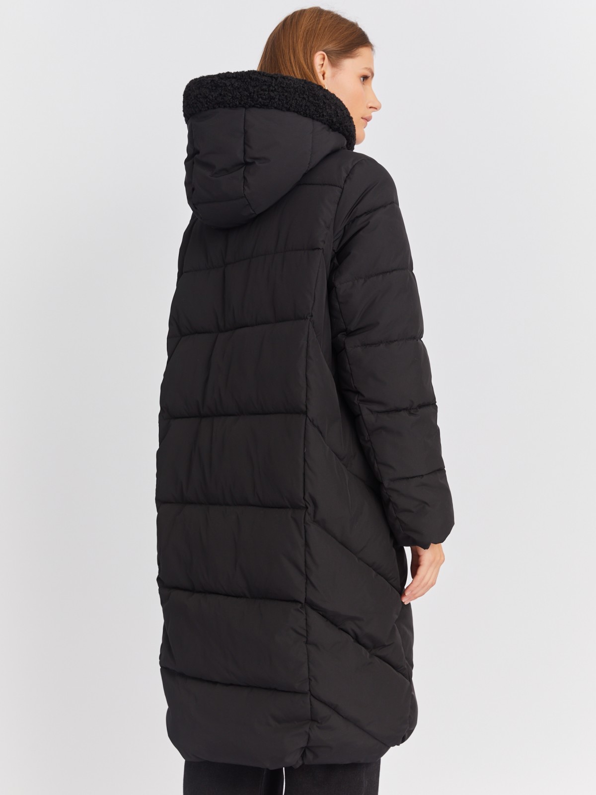 Тёплая куртка-пальто с капюшоном и отделкой из экомеха zolla 022425276044, цвет черный, размер M - фото 5
