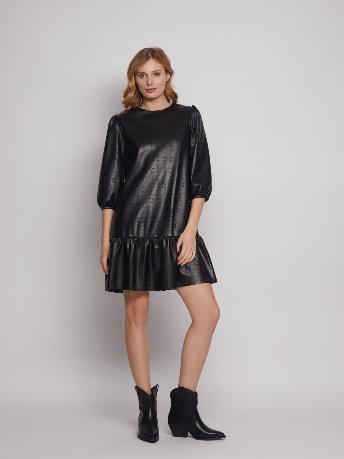 Платье из экокожи с перфорированным узором zolla 222428159131, цвет черный, размер XS - фото 2