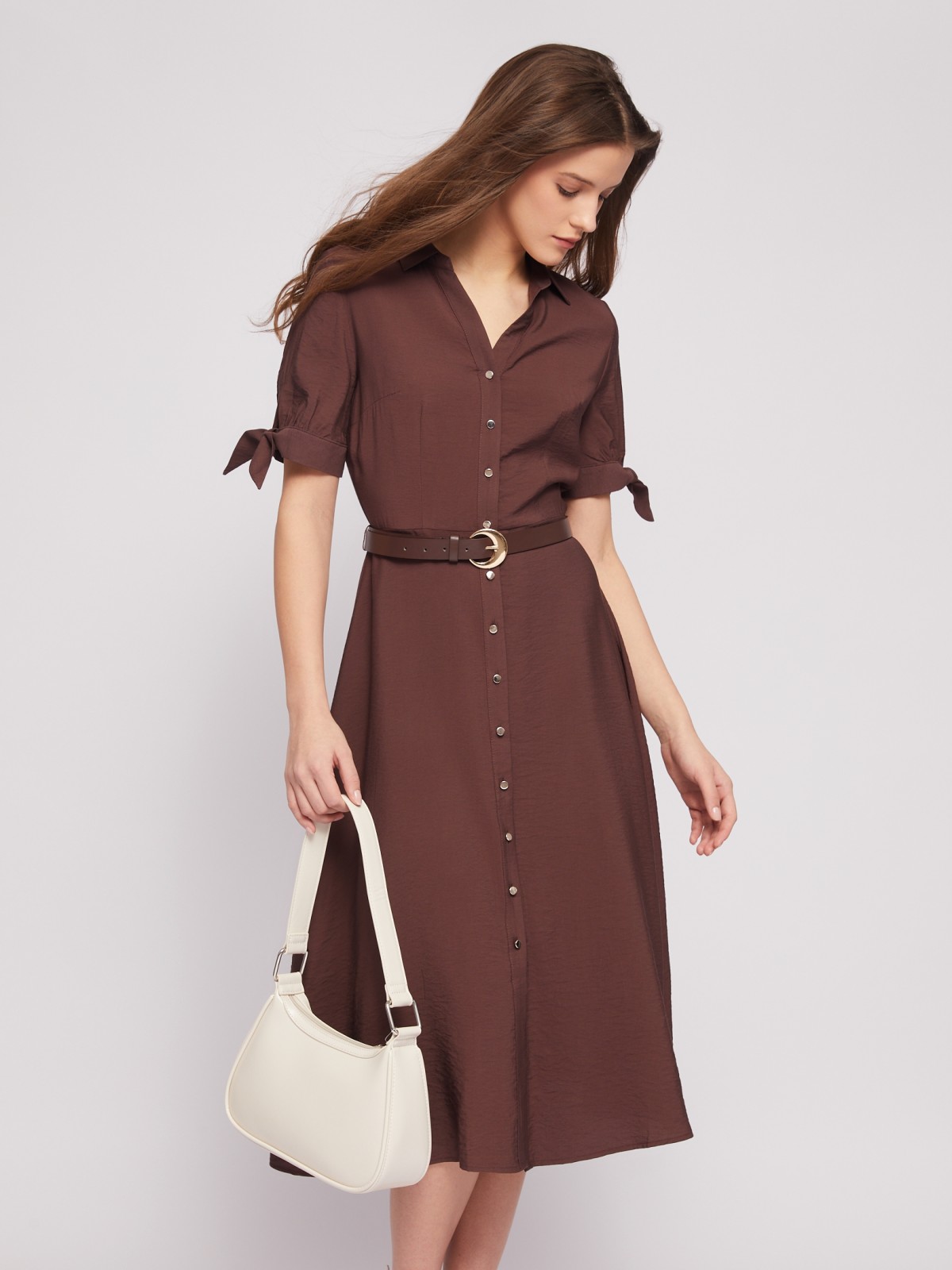Платье-рубашка длины миди с акцентом на рукавах и ремнём zolla 024218240123, цвет коричневый, размер M