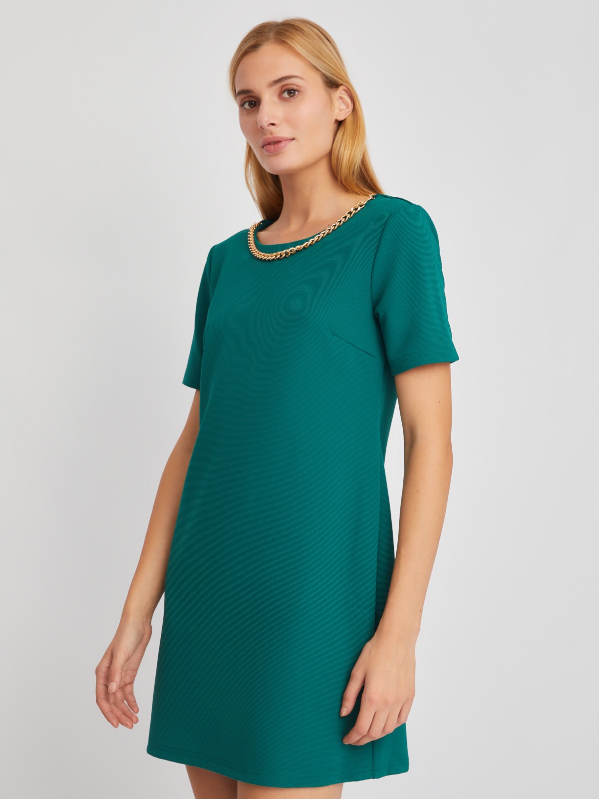 Платье длины мини с коротким рукавом и декоративной цепочкой zolla 02411819F472, цвет темно-зеленый, размер M - фото 5