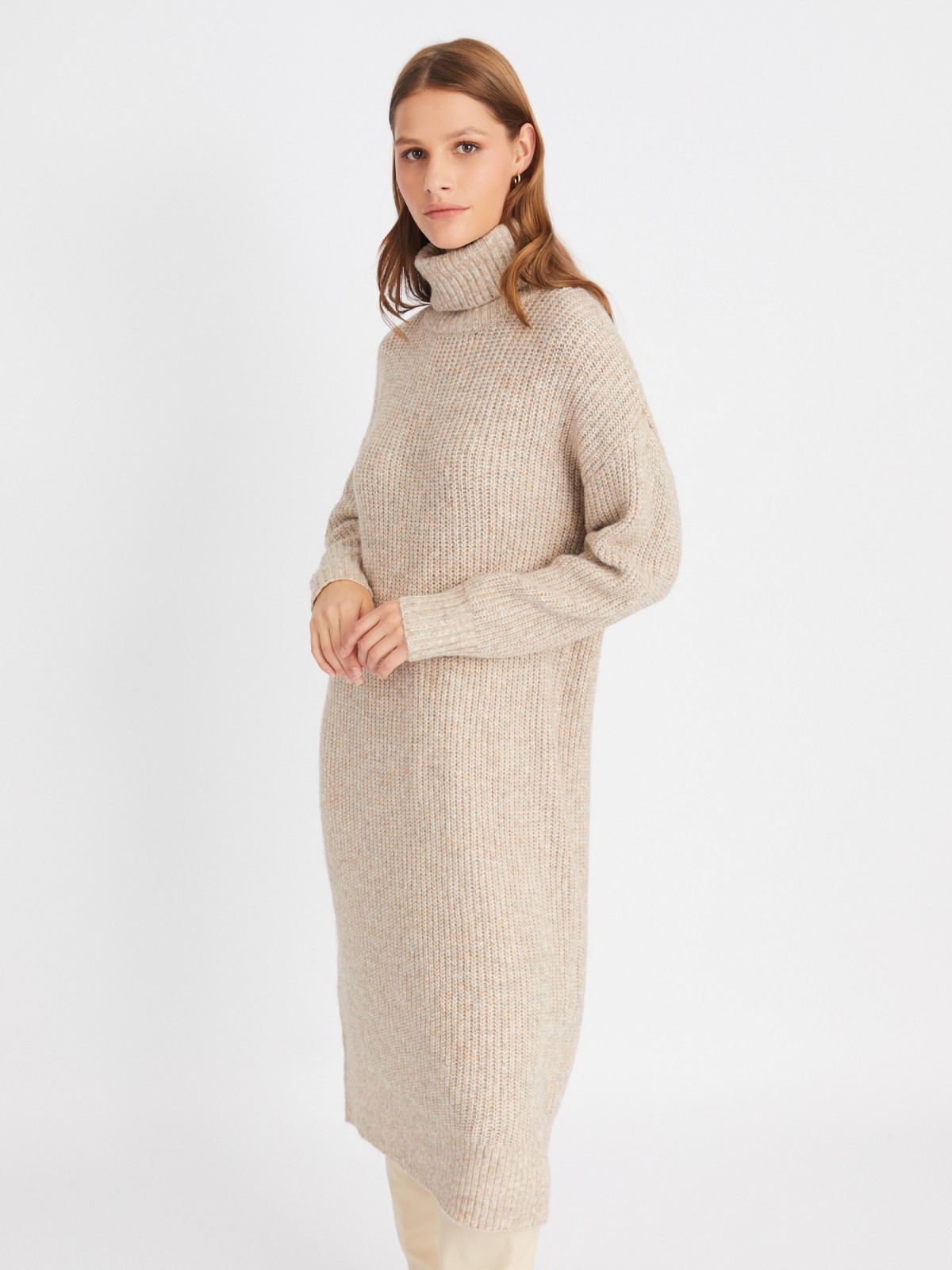 Вязаное платье-свитер длины миди с высоким горлом zolla 023428493013, цвет бежевый, размер XS