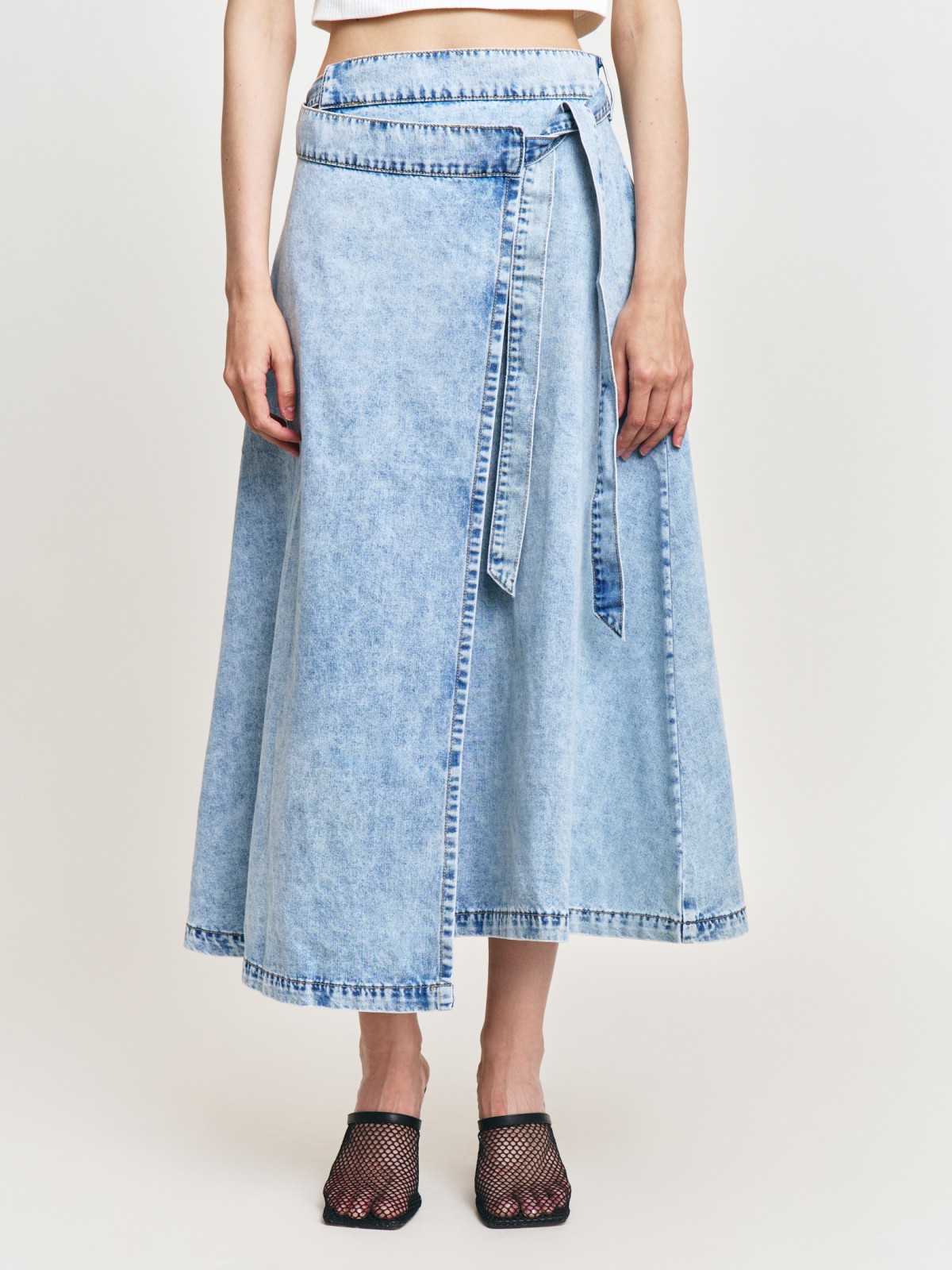 Джинсовая юбка миди из хлопка с запахом