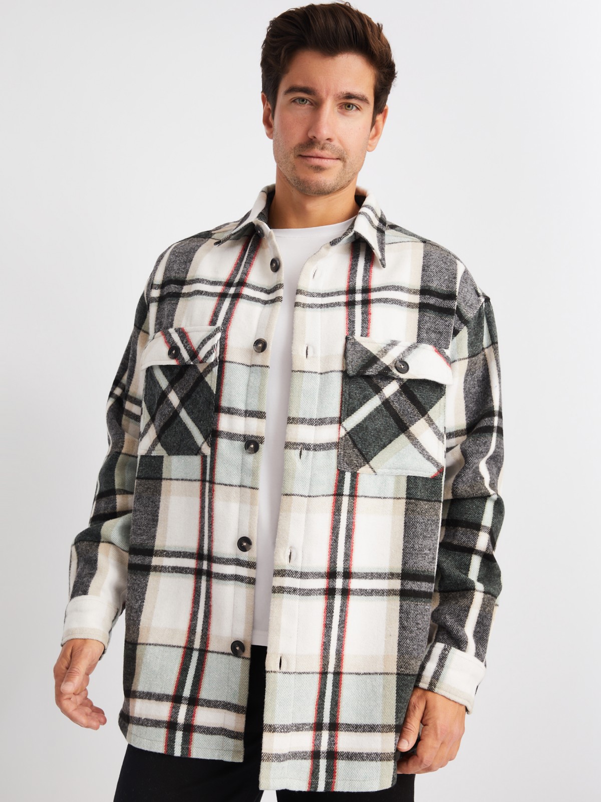 Куртка-рубашка из хлопка с длинным рукавом и узором в клетку zolla 014122159153, цвет мятный, размер S - фото 4