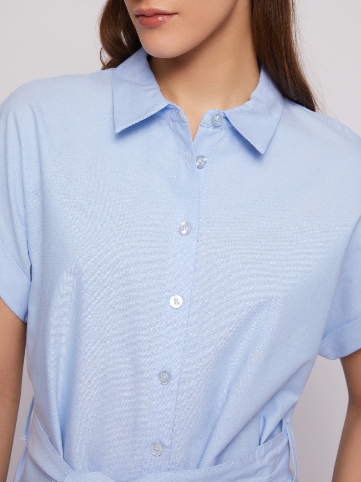 Платье-рубашка из хлопка с коротким рукавом и поясом zolla 024218262353, цвет светло-голубой, размер XS - фото 5
