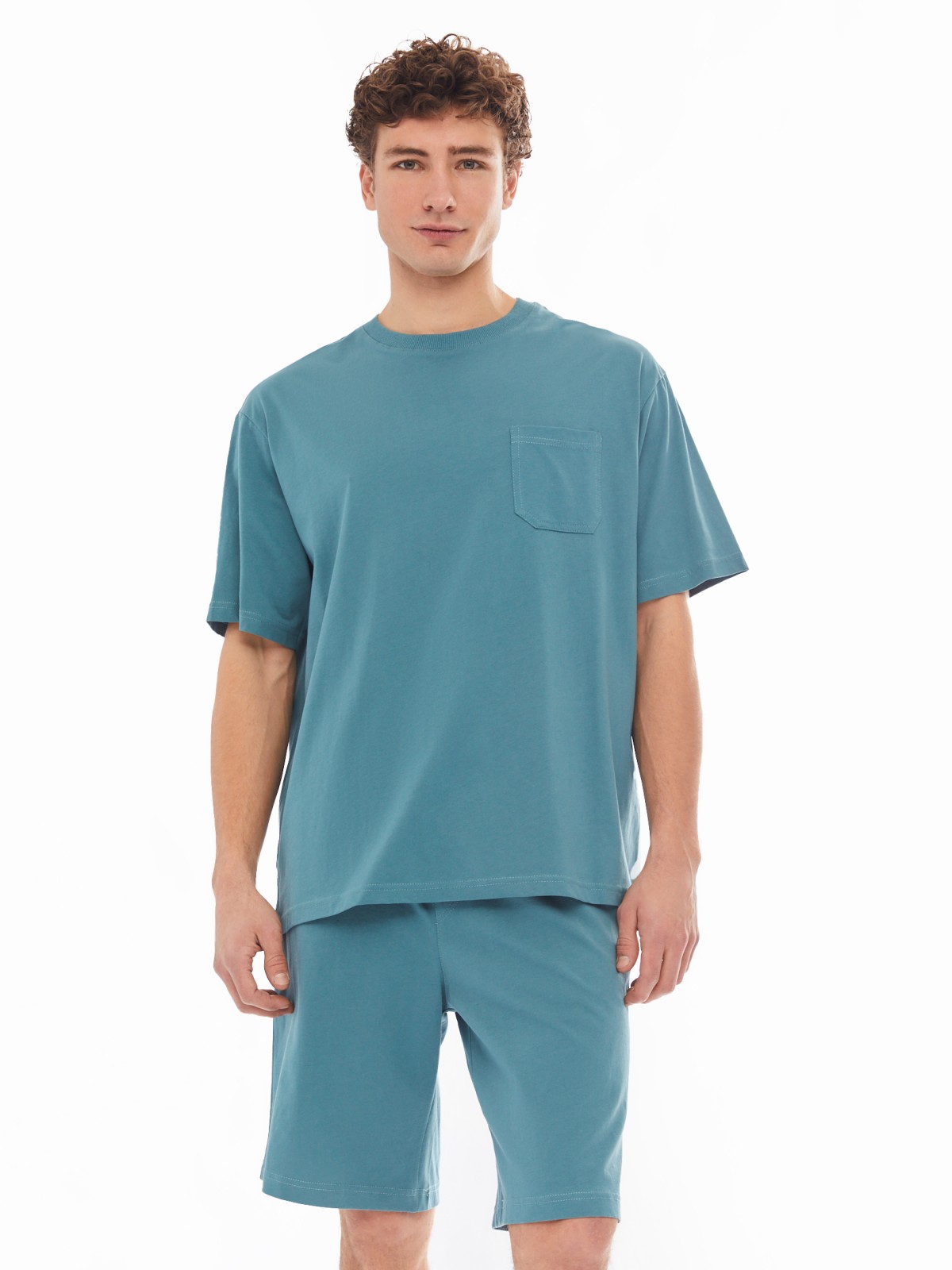Домашний комплект из хлопка (футболка, шорты) zolla 61413870W041, цвет темно-бирюзовый, размер S - фото 1