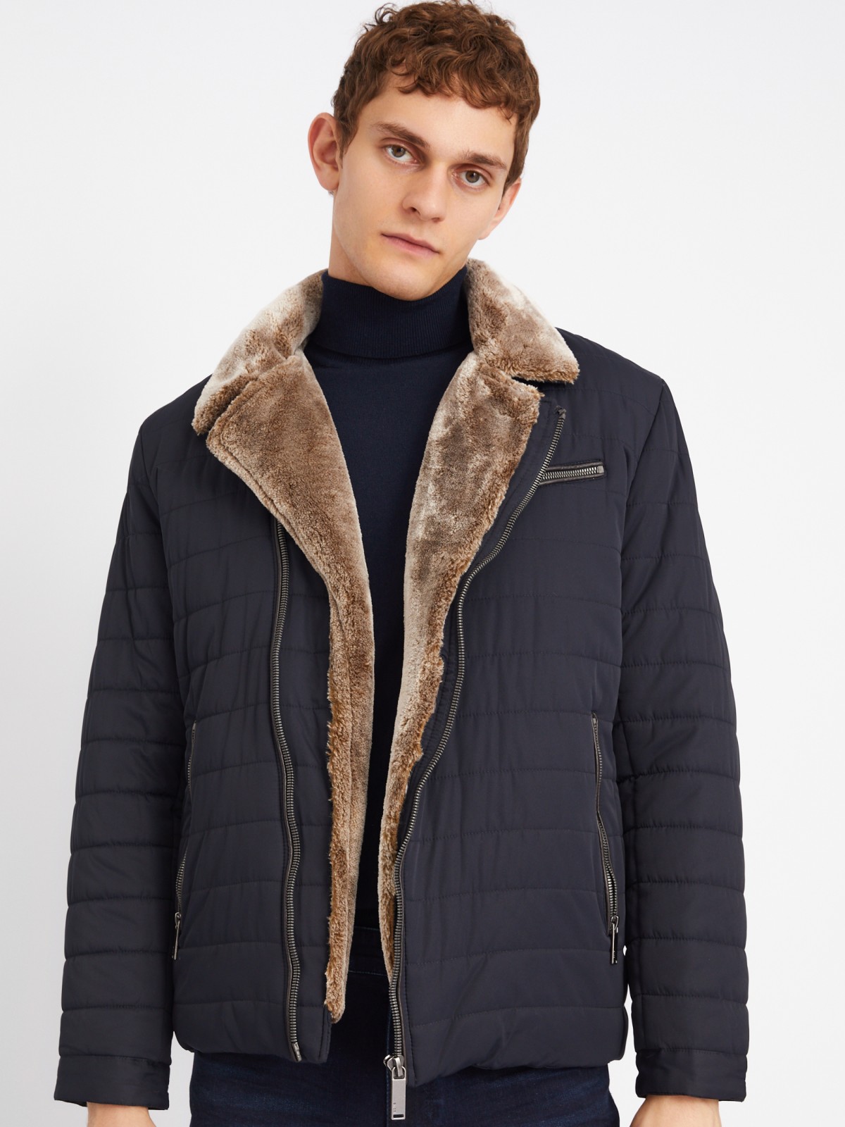 Тёплая стёганая куртка-косуха с подкладкой из экомеха на синтепоне zolla 013345150044, цвет темно-синий, размер L