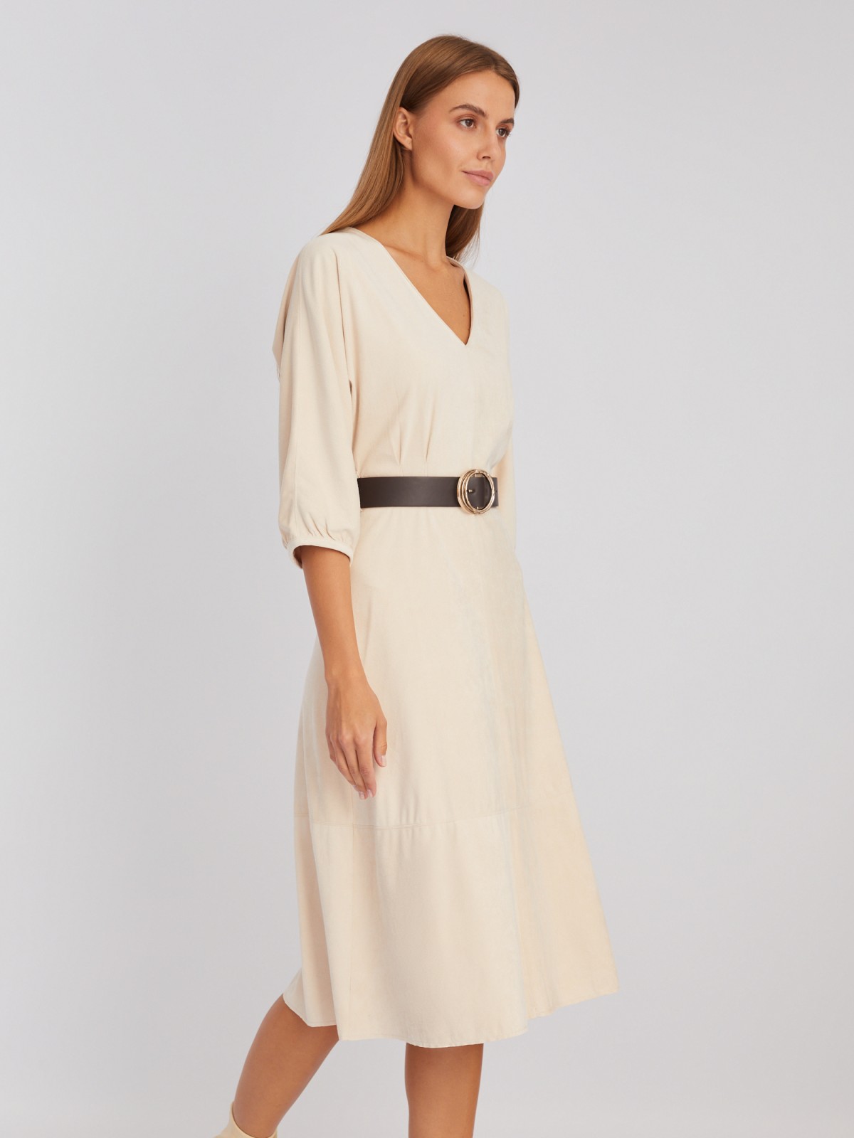 Приталенное платье длины миди из экозамши с ремнём zolla Z23428259081, цвет бежевый, размер S - фото 3