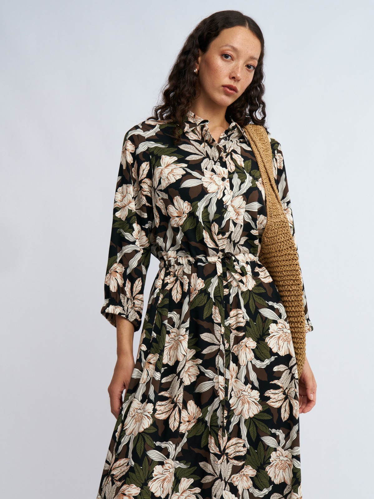 Платье-рубашка миди из вискозы на кулиске