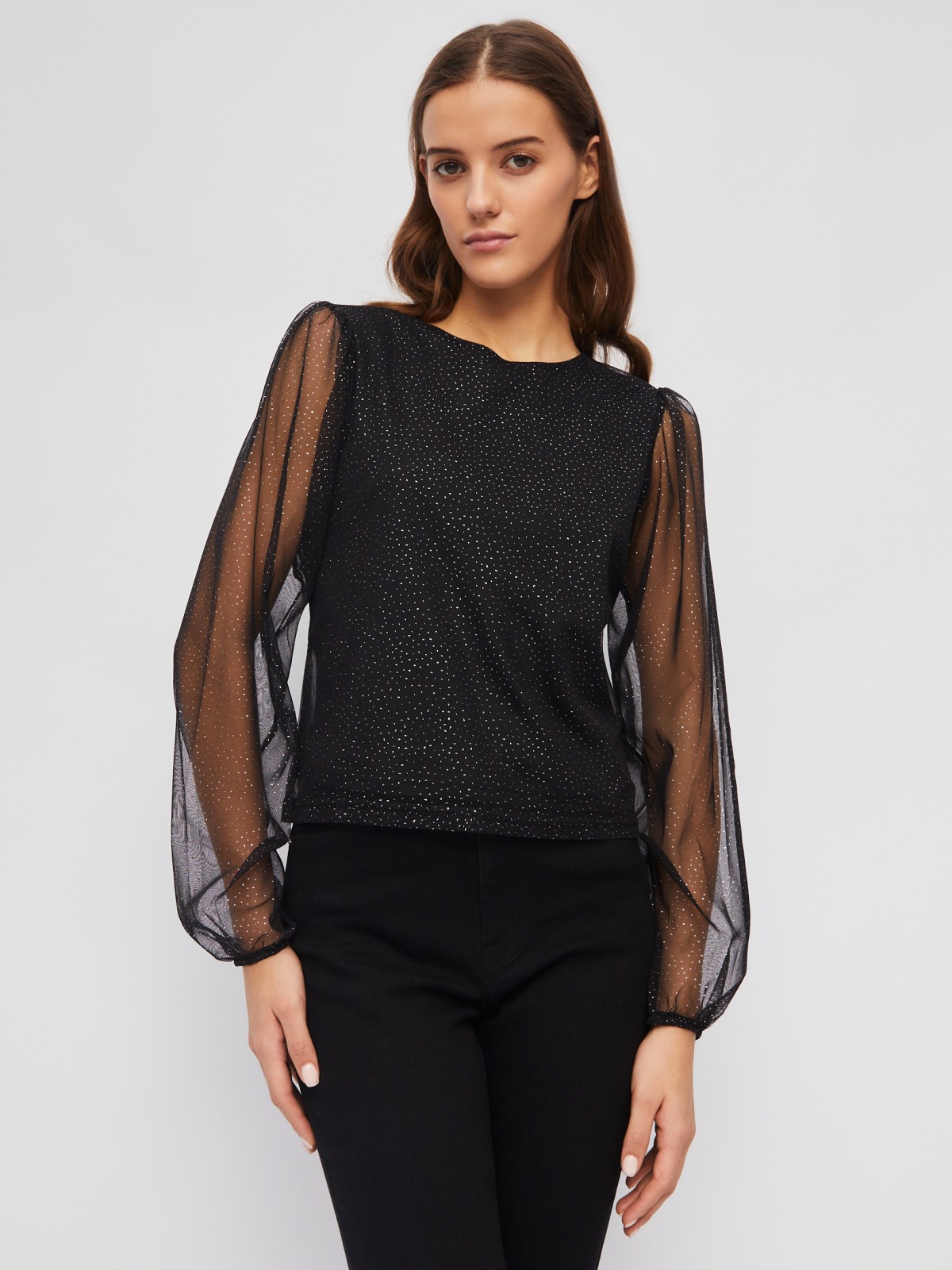 Блузка из сетки с прозрачными рукавами и глиттером zolla 023451159013, цвет черный, размер XS - фото 3