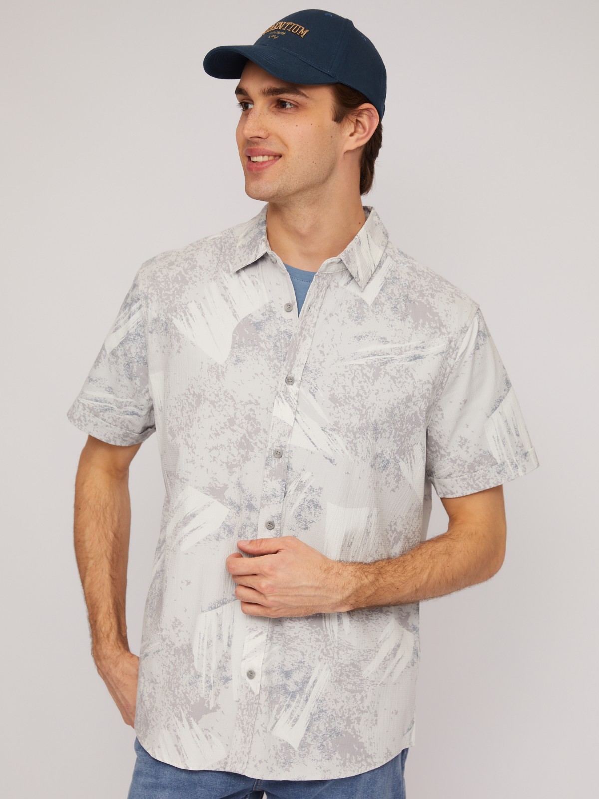 Рубашка из хлопка с принтом и с коротким рукавом zolla 014232291091, цвет светло-серый, размер M - фото 4