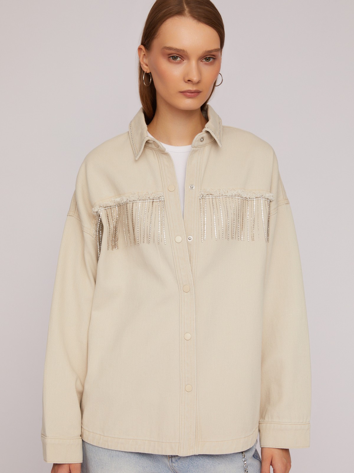 Джинсовая куртка-рубашка с бахромой со стразами zolla 024215D0V011, цвет бежевый, размер XS - фото 3