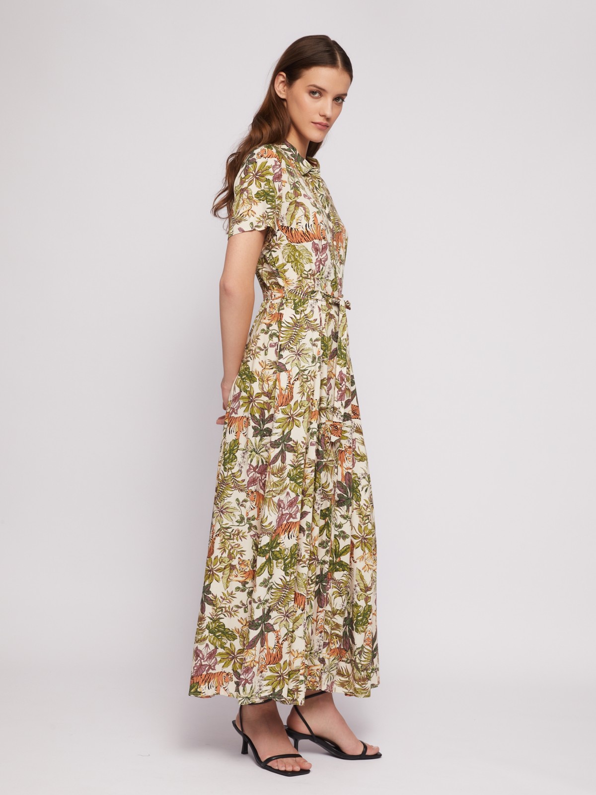 Платье-рубашка из вискозы с принтом и с поясом zolla 02421827Y453, цвет бежевый, размер M - фото 3