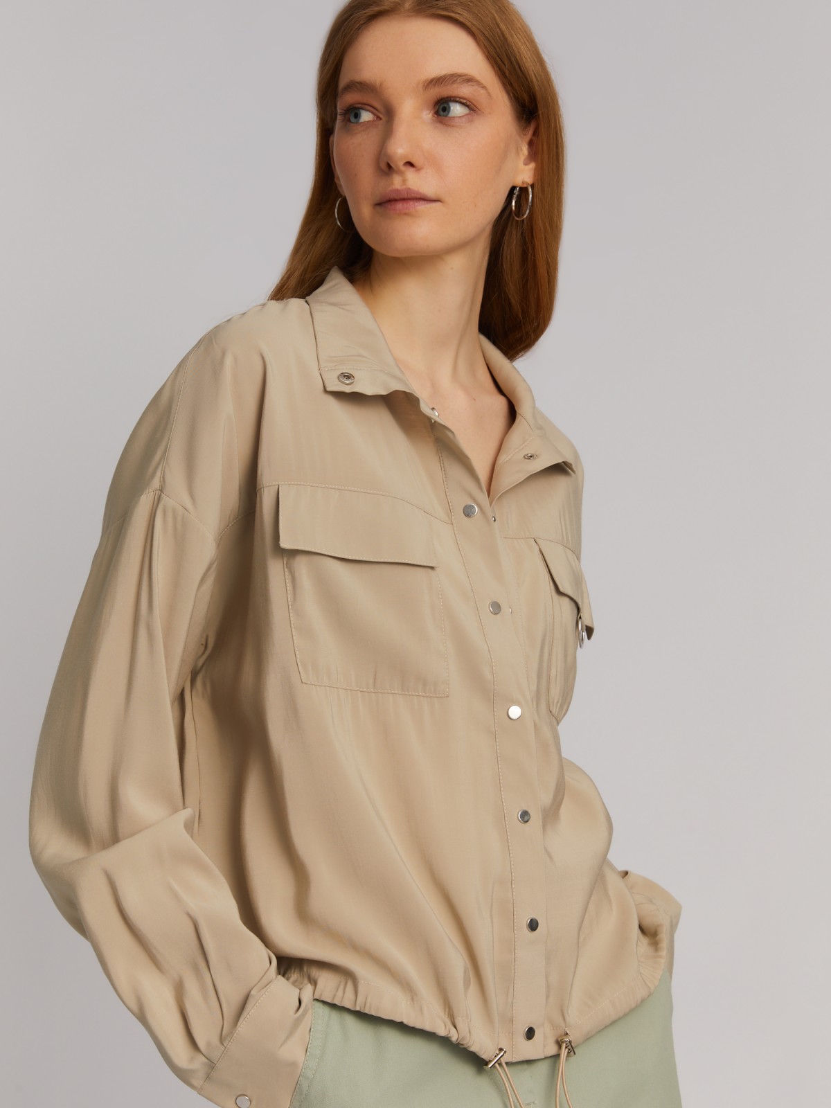 Блузка-рубашка в спортивном стиле на кулиске zolla 02413117Y203, цвет бежевый, размер XS