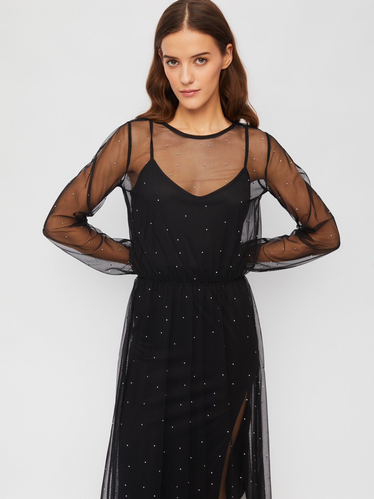 Платье из прозрачной сетки со стразами и нижней комбинации с разрезом zolla 023458155053, цвет черный, размер XXS - фото 5