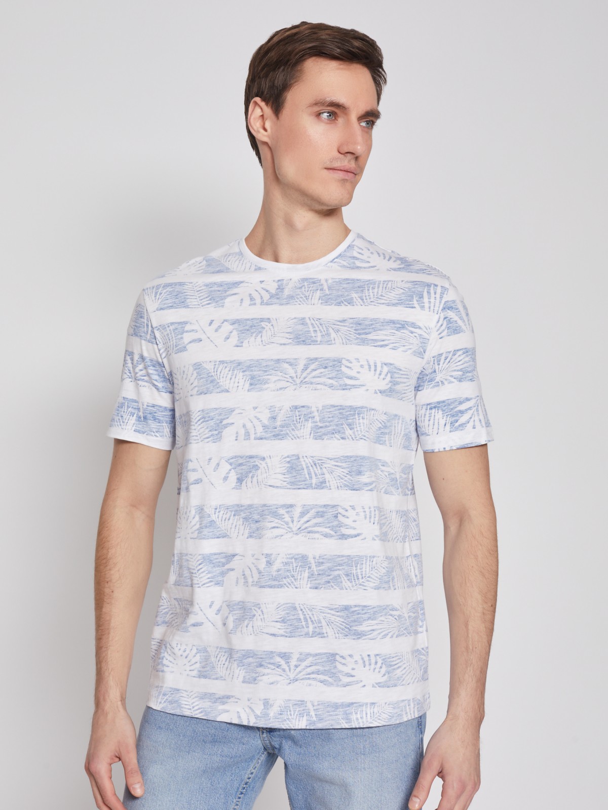 Футболка из хлопка в полоску с тропическим принтом