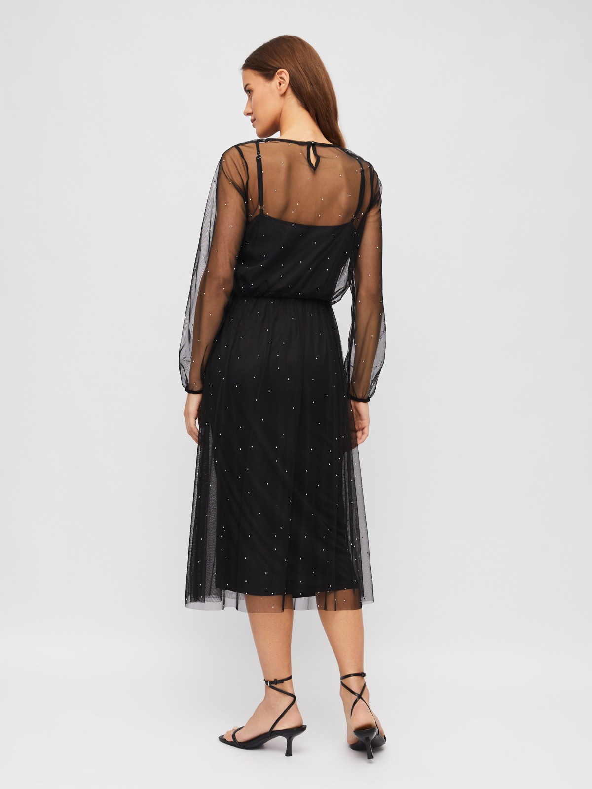 Платье из прозрачной сетки со стразами и нижней комбинации с разрезом zolla 023458155053, цвет черный, размер XXS - фото 6
