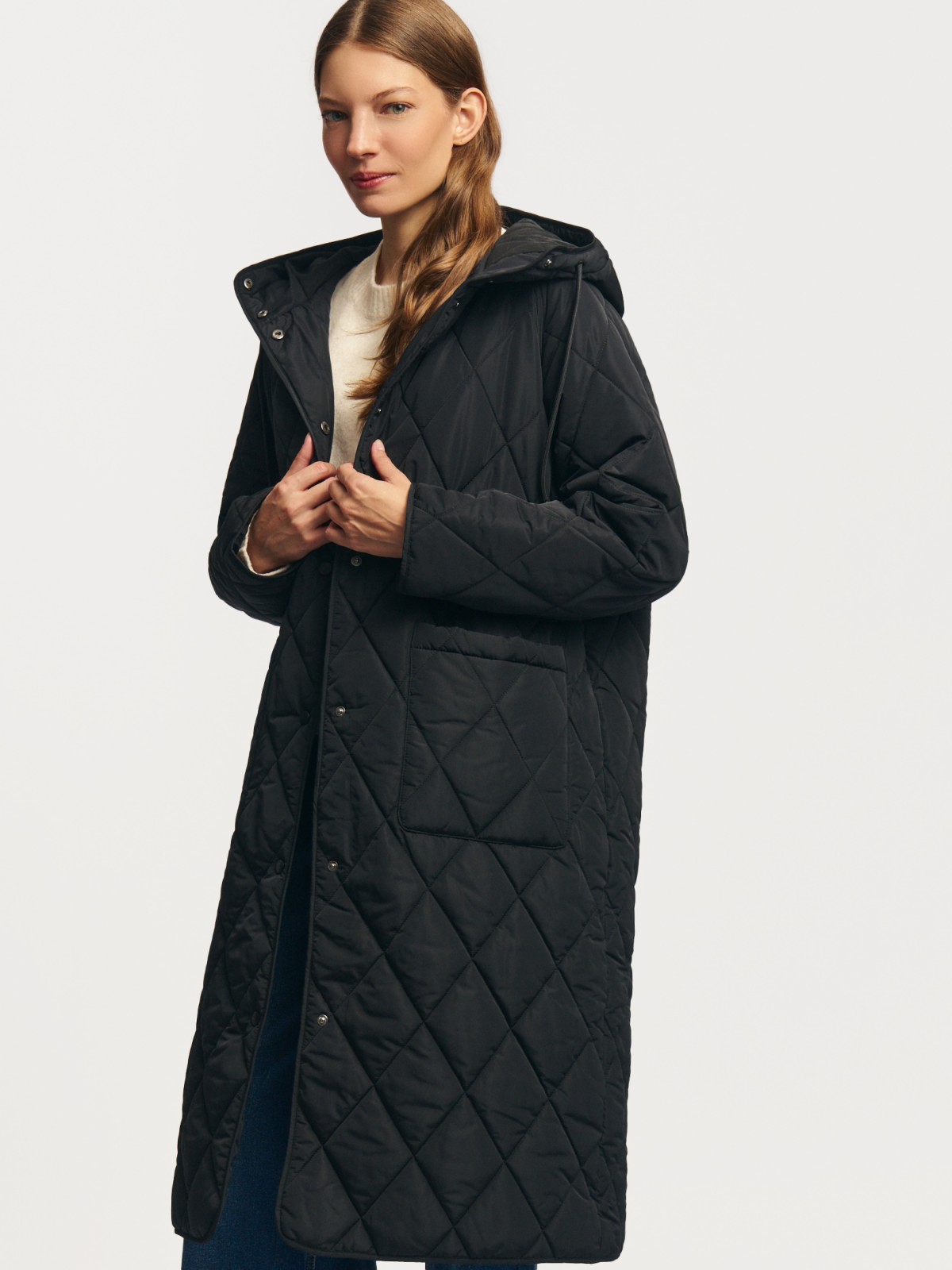 Длинная куртка-пальто на синтепоне с капюшоном