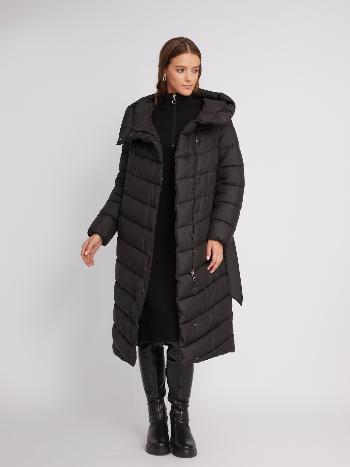 Тёплая длинная куртка-пальто с капюшоном и поясом