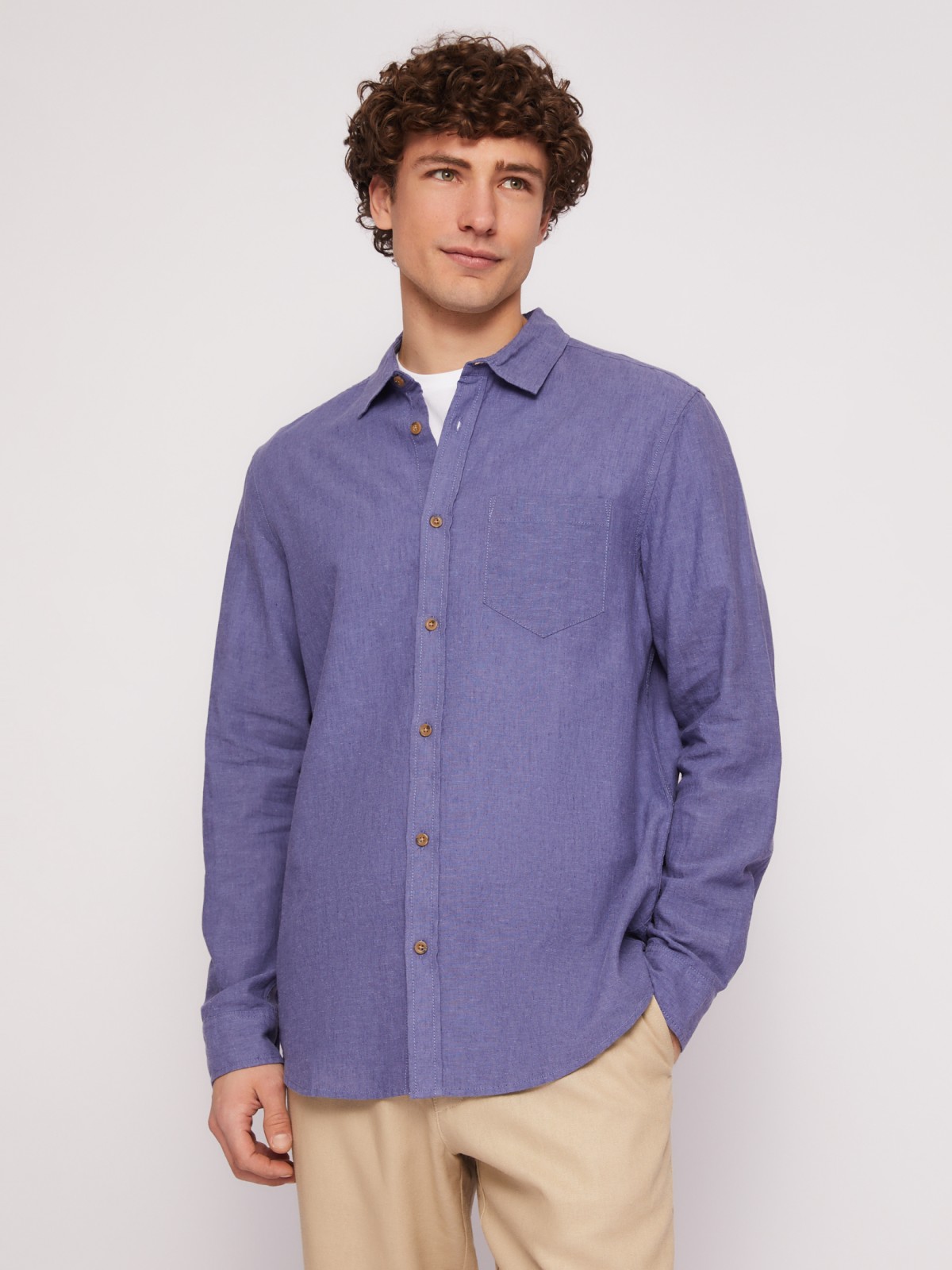 Льняная офисная рубашка прямого силуэта с карманом zolla 014212159013, цвет фиолетовый, размер XL - фото 3