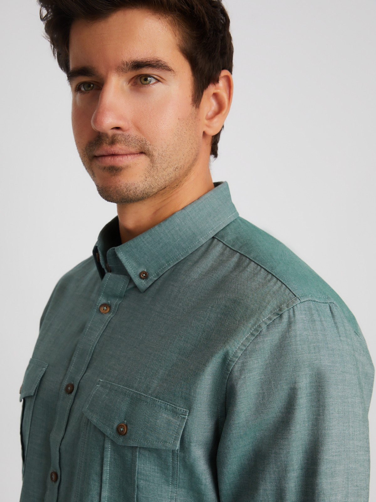 Рубашка из хлопка с длинным рукавом и карманами zolla 01413214R033, цвет зеленый, размер M - фото 3