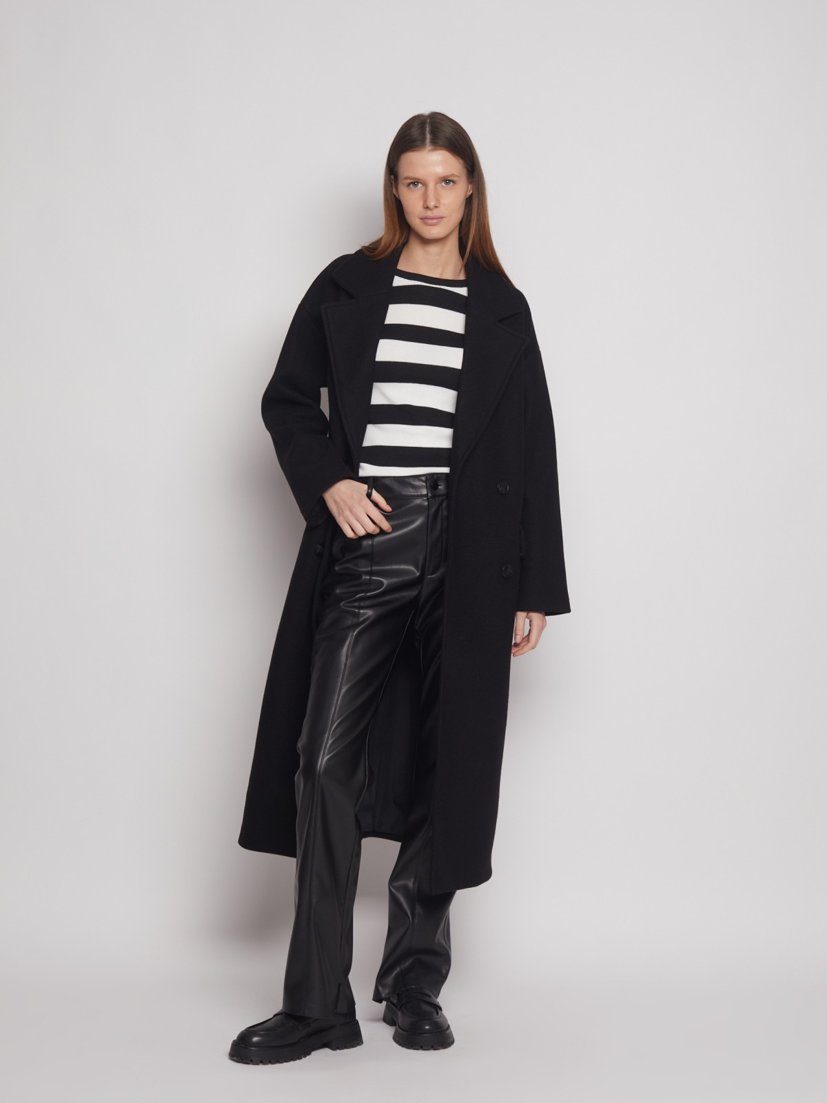 Двубортное пальто с поясом zolla 023125857054, цвет черный, размер XS - фото 4