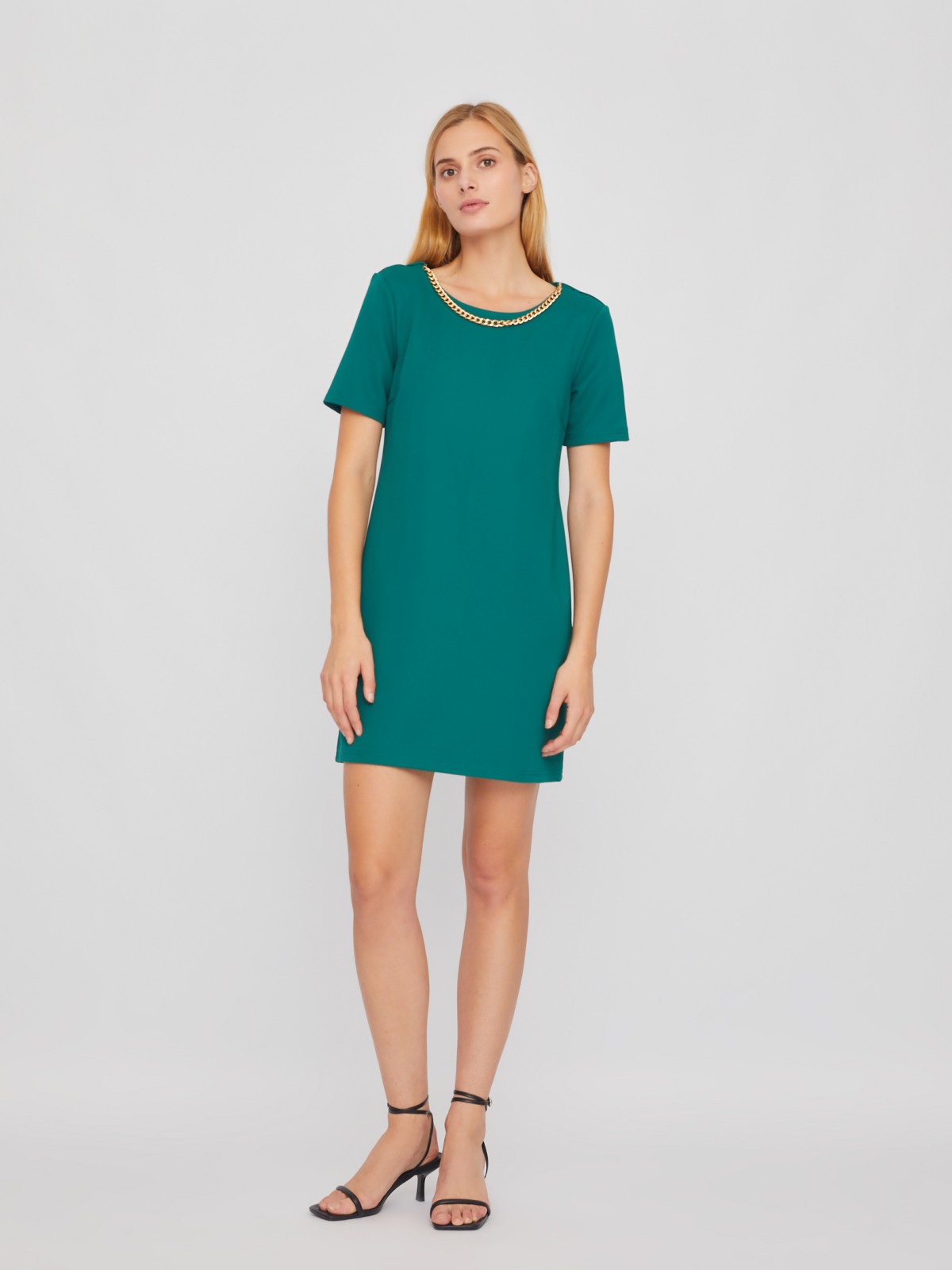 Платье длины мини с коротким рукавом и декоративной цепочкой zolla 02411819F472, цвет темно-зеленый, размер M - фото 2