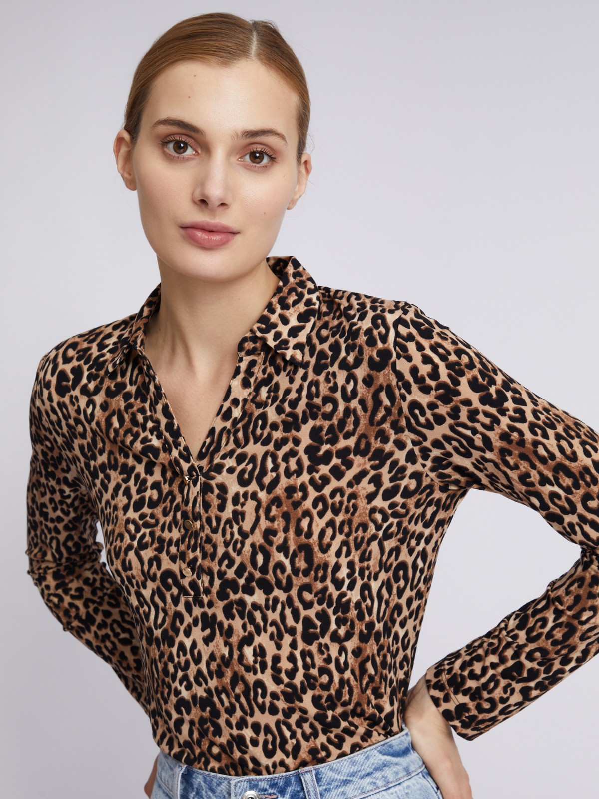 Трикотажная блузка с длинным рукавом и леопардовым принтом zolla 023311152513, цвет бежевый, размер S - фото 4