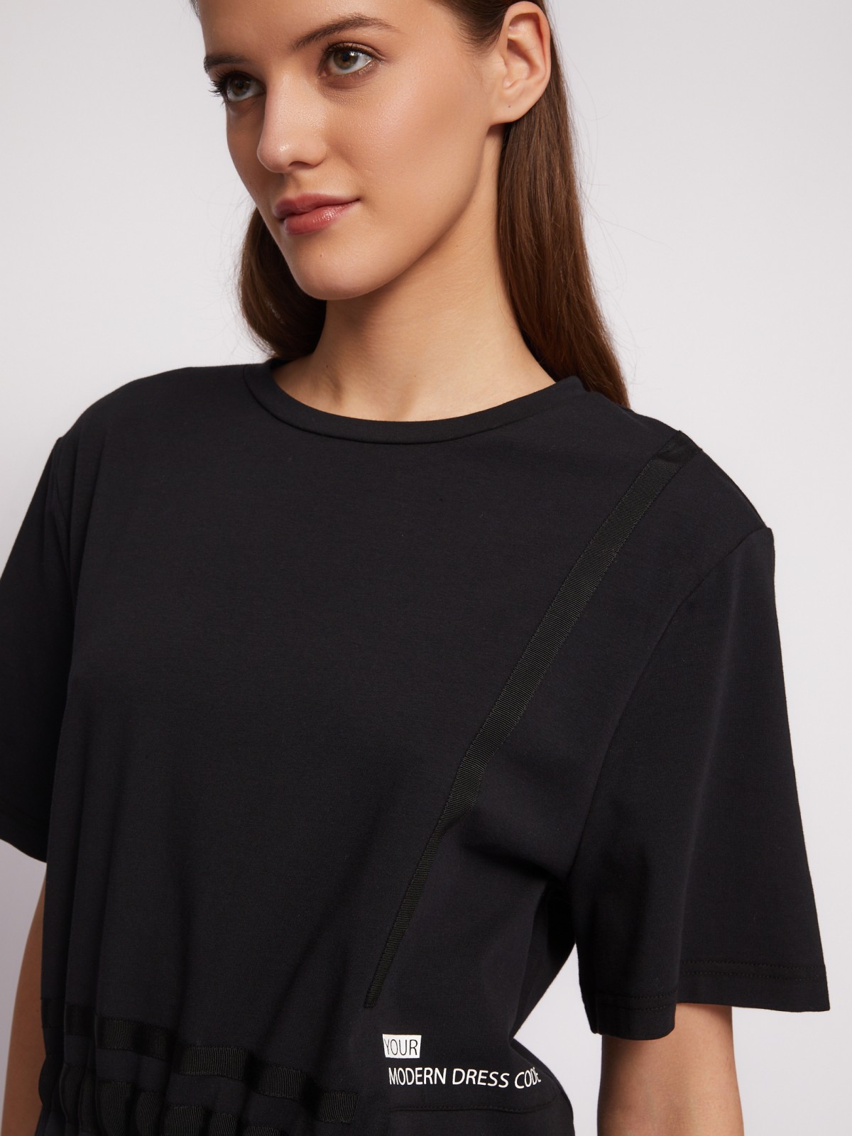 Платье-футболка из хлопка с завязками на талии zolla 024218139021, цвет черный, размер S - фото 3
