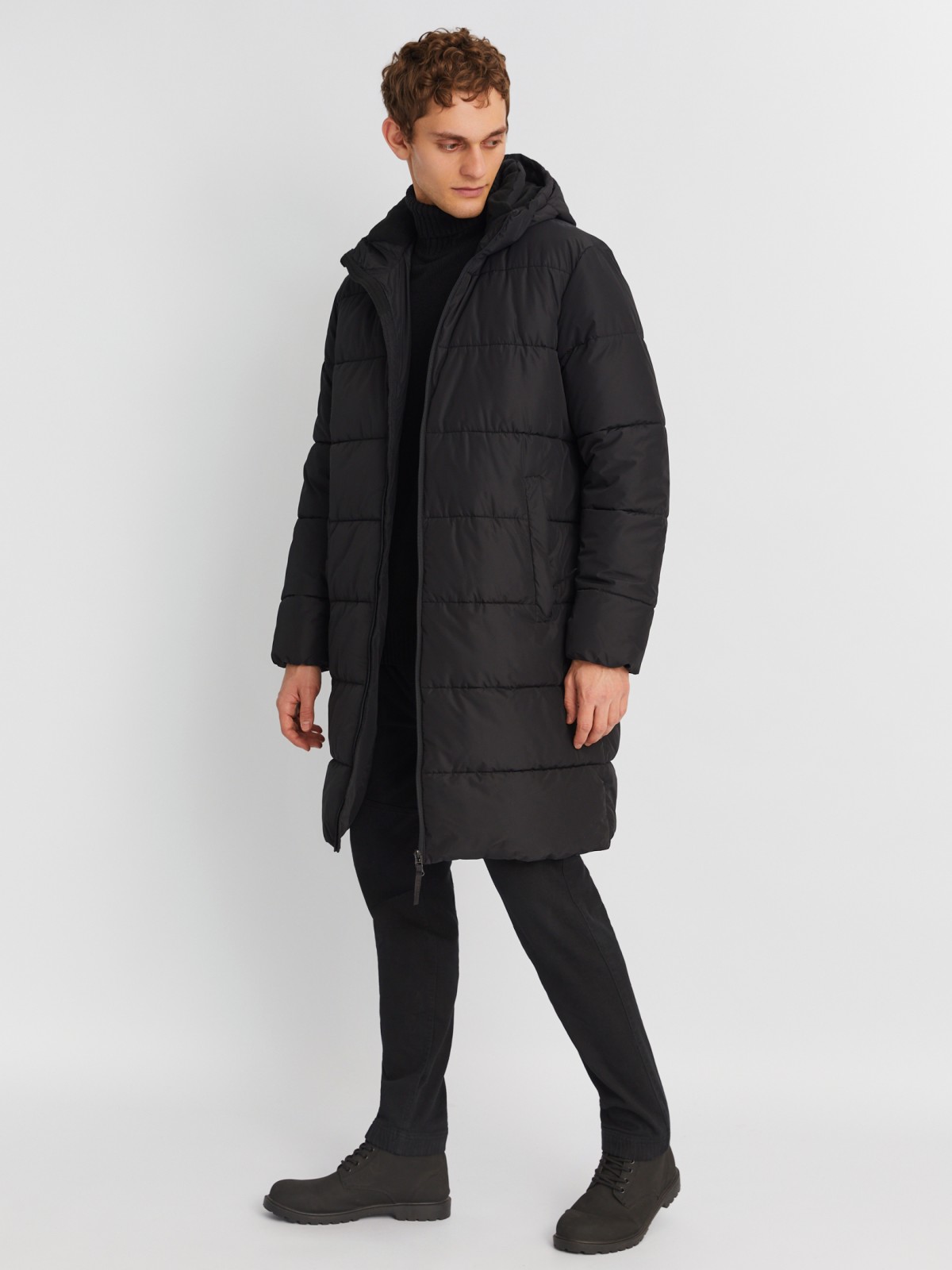 Тёплая стёганая куртка удлинённого силуэта с капюшоном zolla 01342522J064, цвет черный, размер M - фото 2