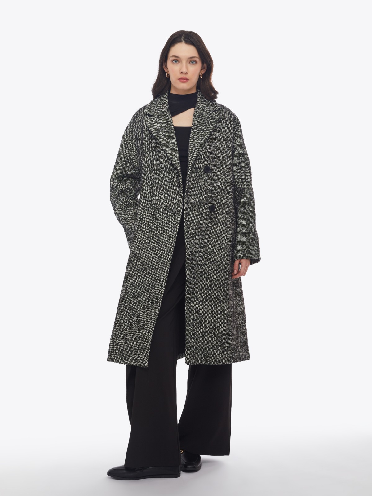 Длинное пальто без утеплителя с шерстю и с поясом на талии zolla 02412580Y154, цвет черный, размер XS - фото 2