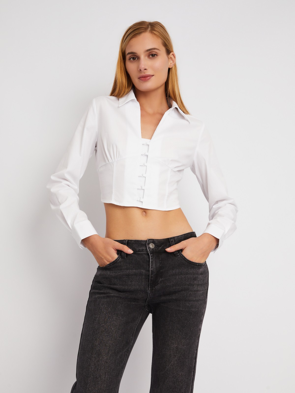 Укороченный топ-рубашка с имитацией корсета zolla 024111159271, цвет белый, размер XS - фото 3