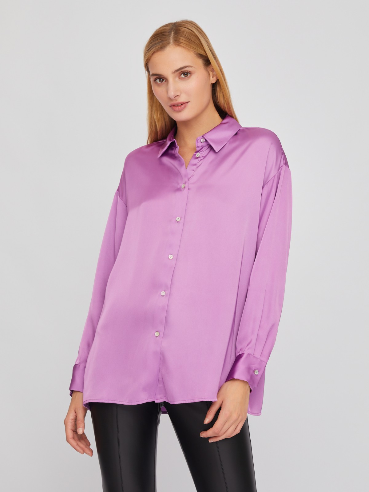 Рубашка оверсайз силуэта из атласной ткани zolla 02411117Y033, цвет фиолетовый, размер XS - фото 3