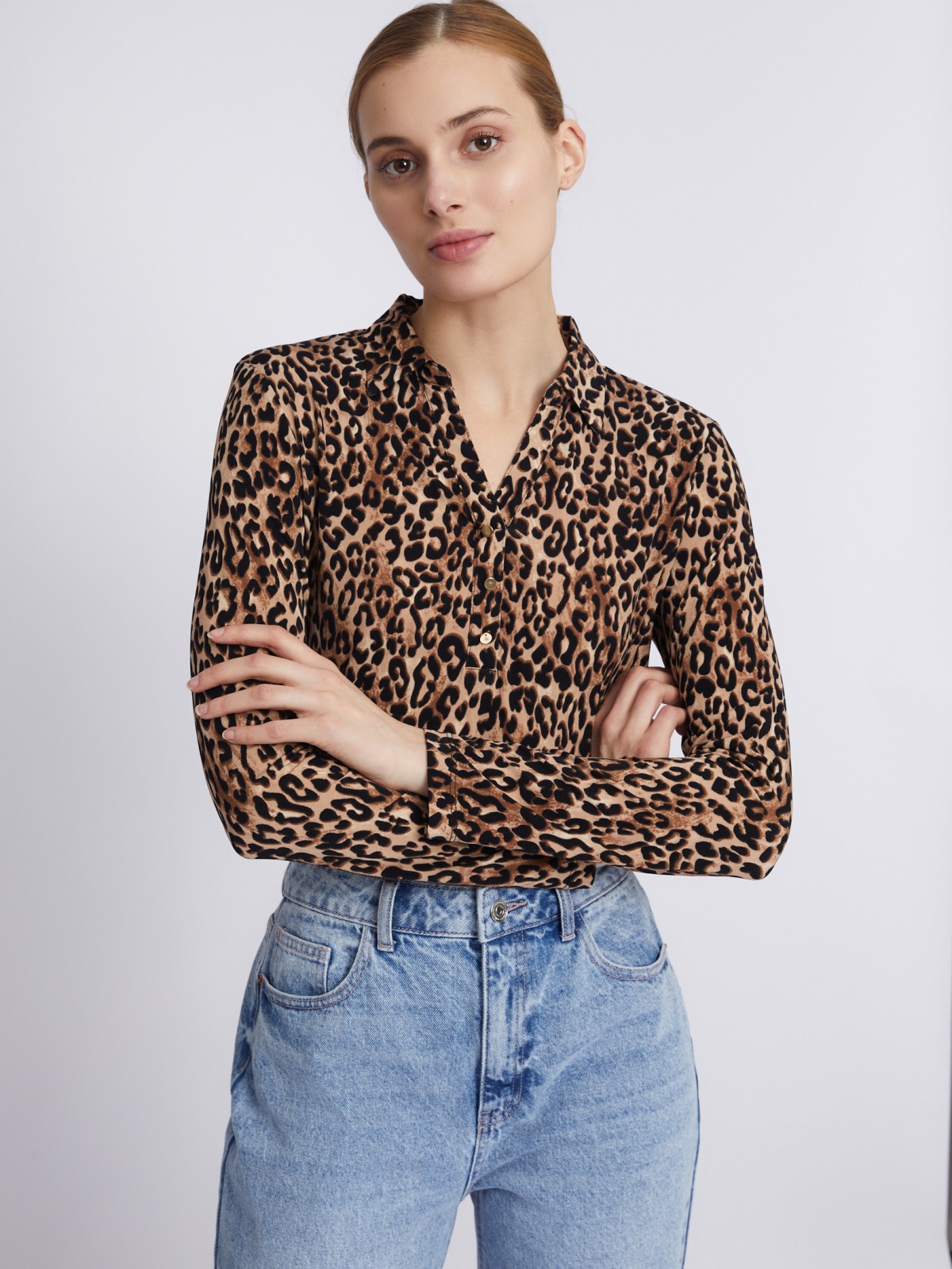 Трикотажная блузка с длинным рукавом и леопардовым принтом zolla 023311152513, цвет бежевый, размер S - фото 3