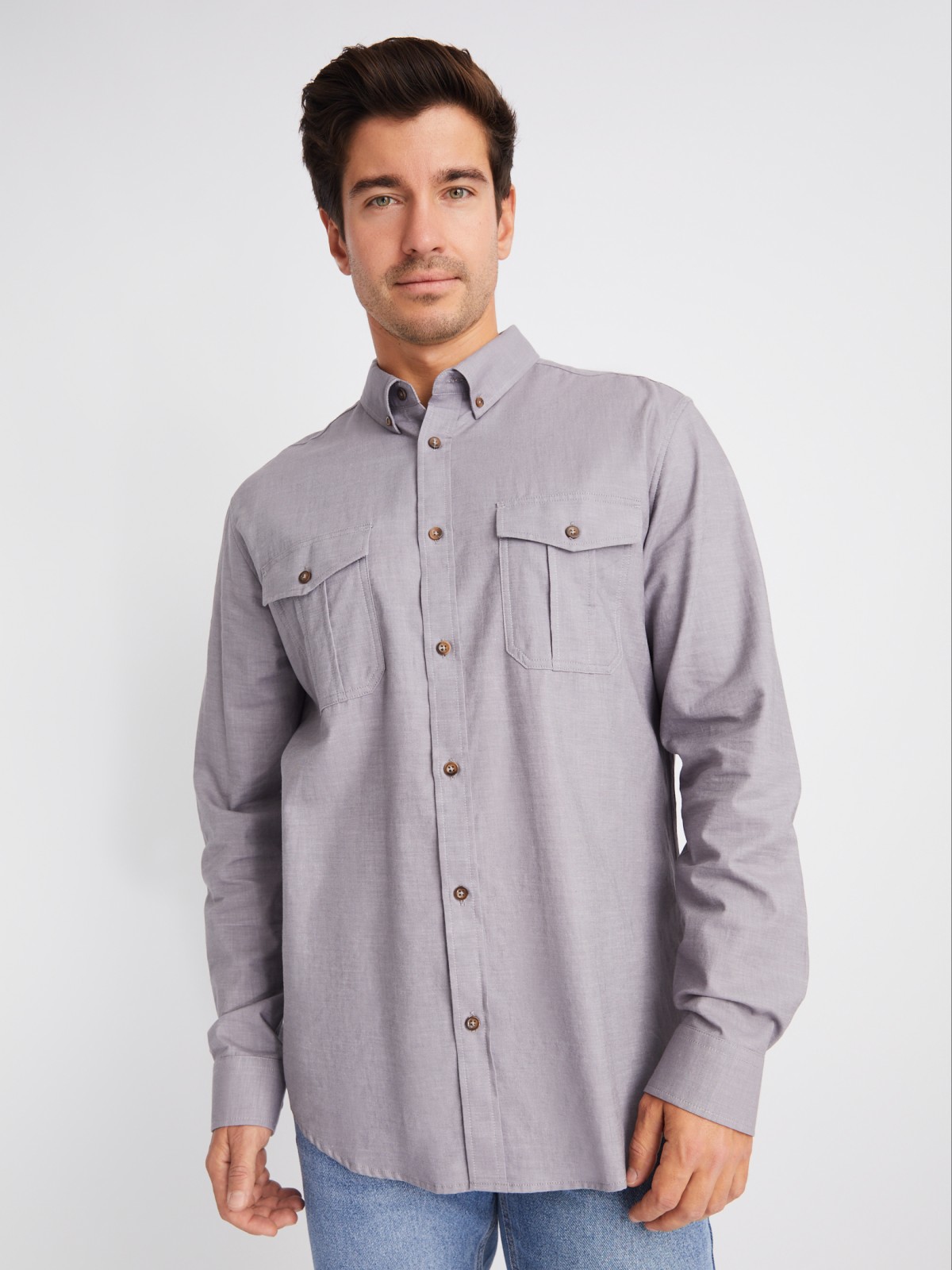 Рубашка из хлопка с длинным рукавом и карманами zolla 01413214R033, цвет серый, размер M - фото 1