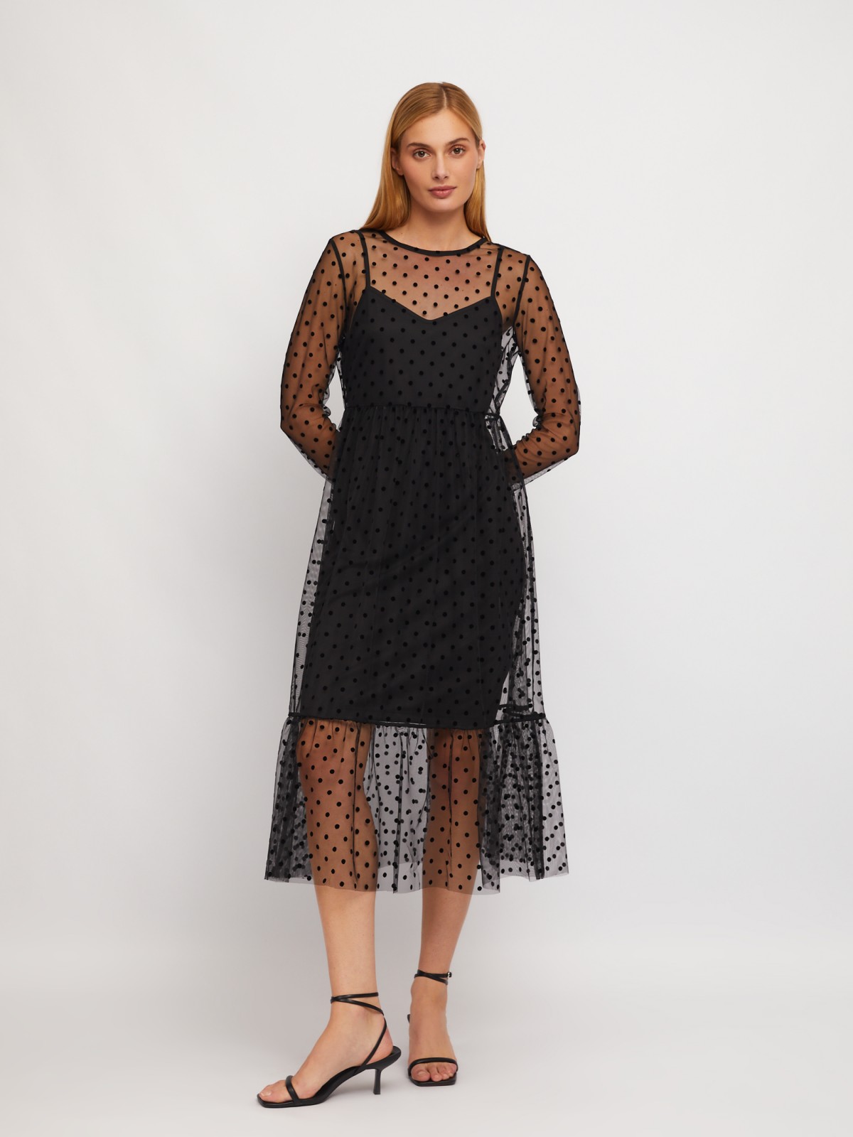 Двойное ярусное платье из сетки в горошек и нижней комбинации zolla 024118132043, цвет черный, размер XS - фото 2
