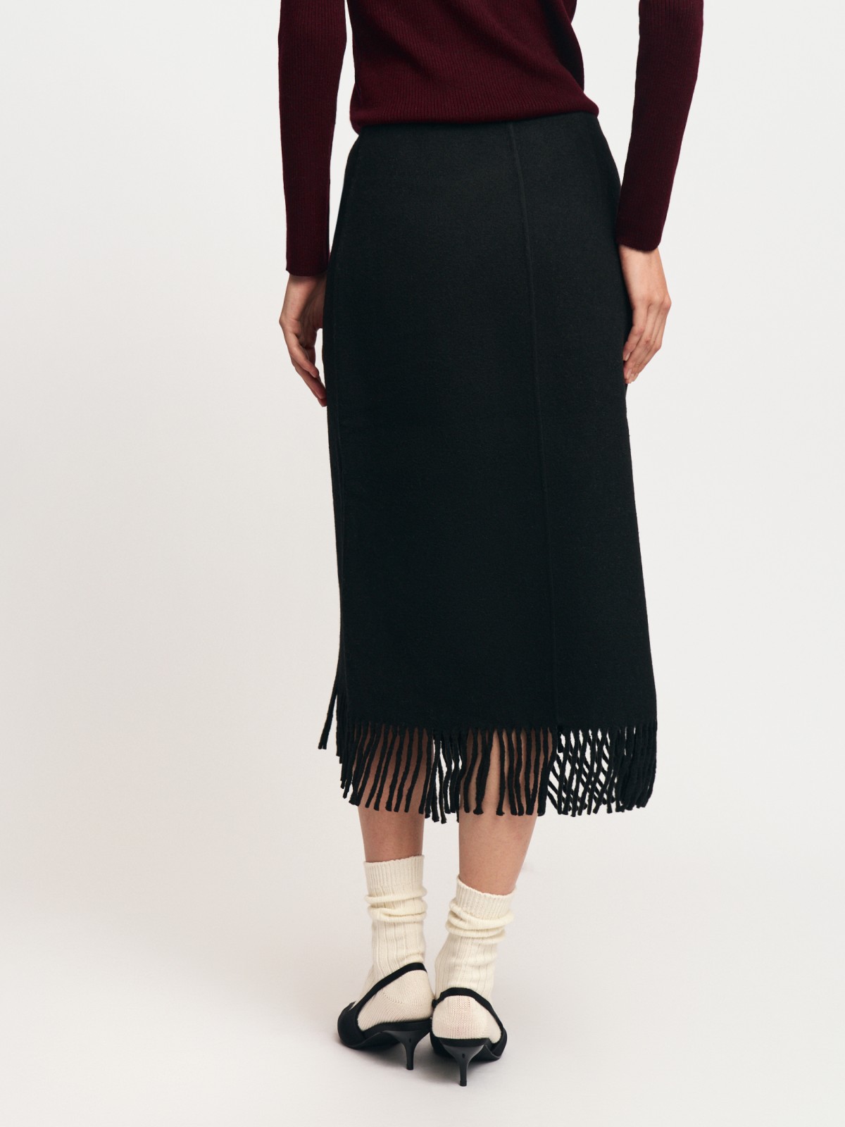 Шерстяная юбка-плед с запахом и бахромой